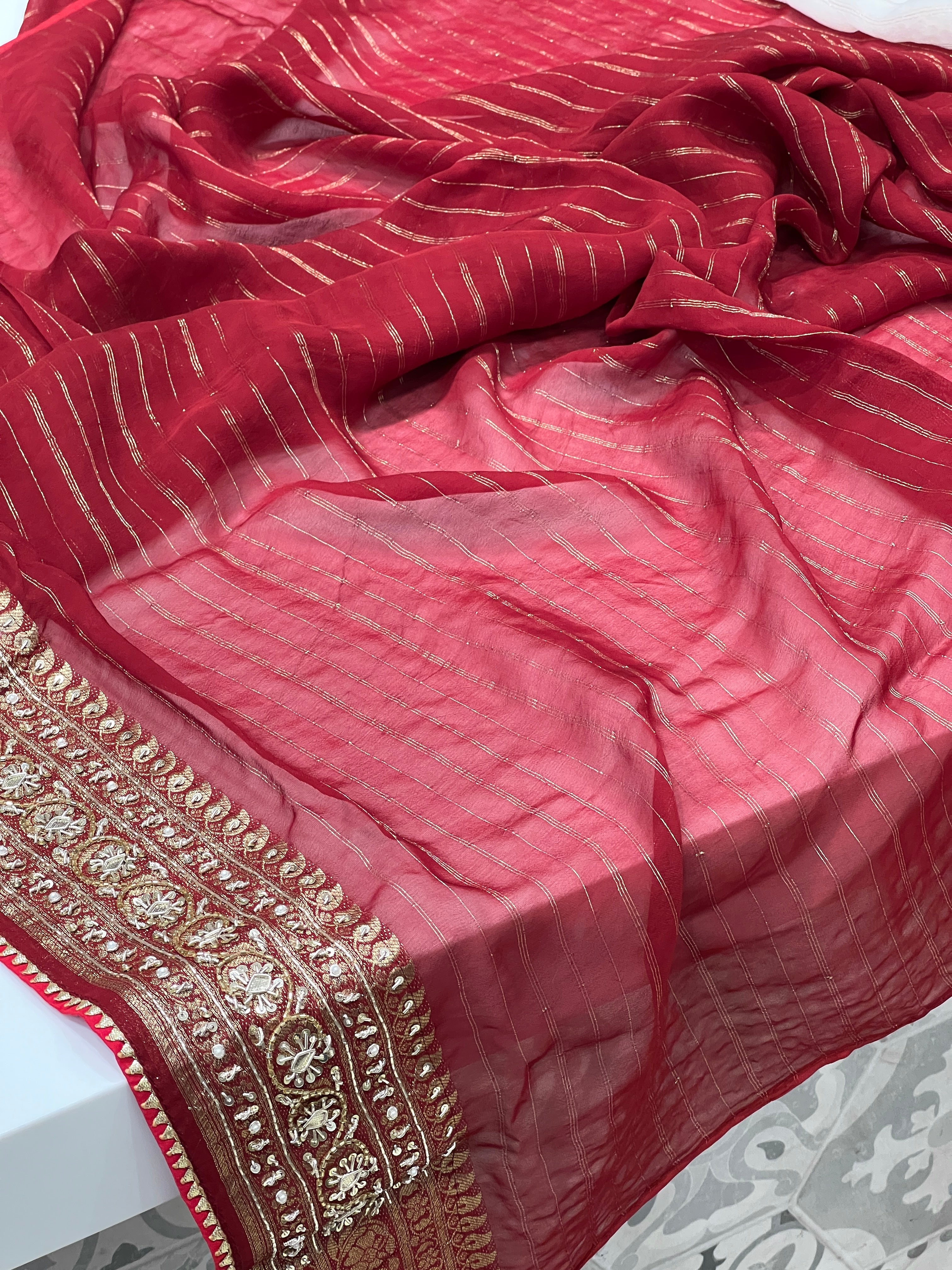 Beige Banarasi Georgette Maroon Border Zardozi Embroidery Saree