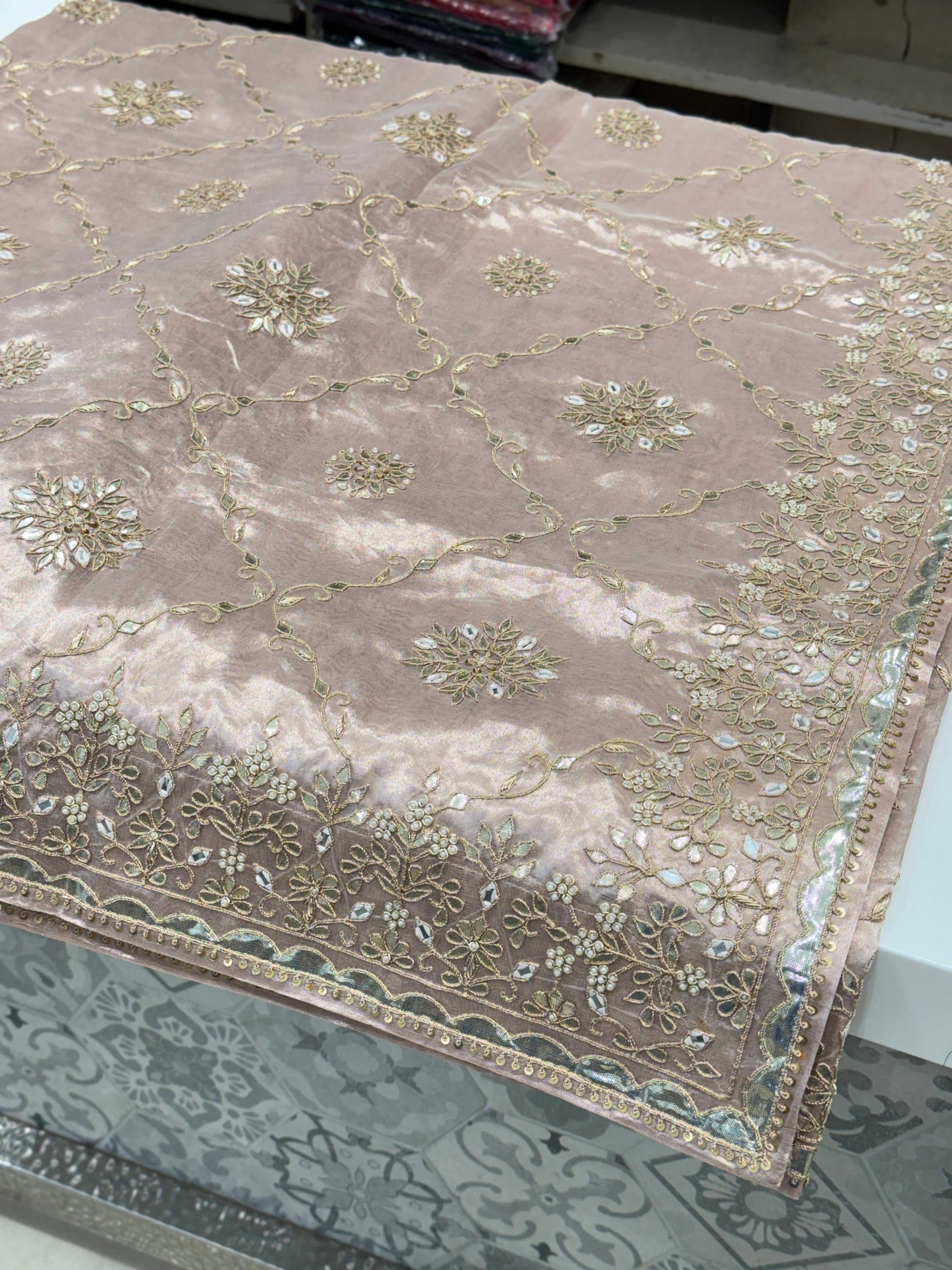 Banarasi Tissue Pink Gotapatti Zardosi Jaal Saree