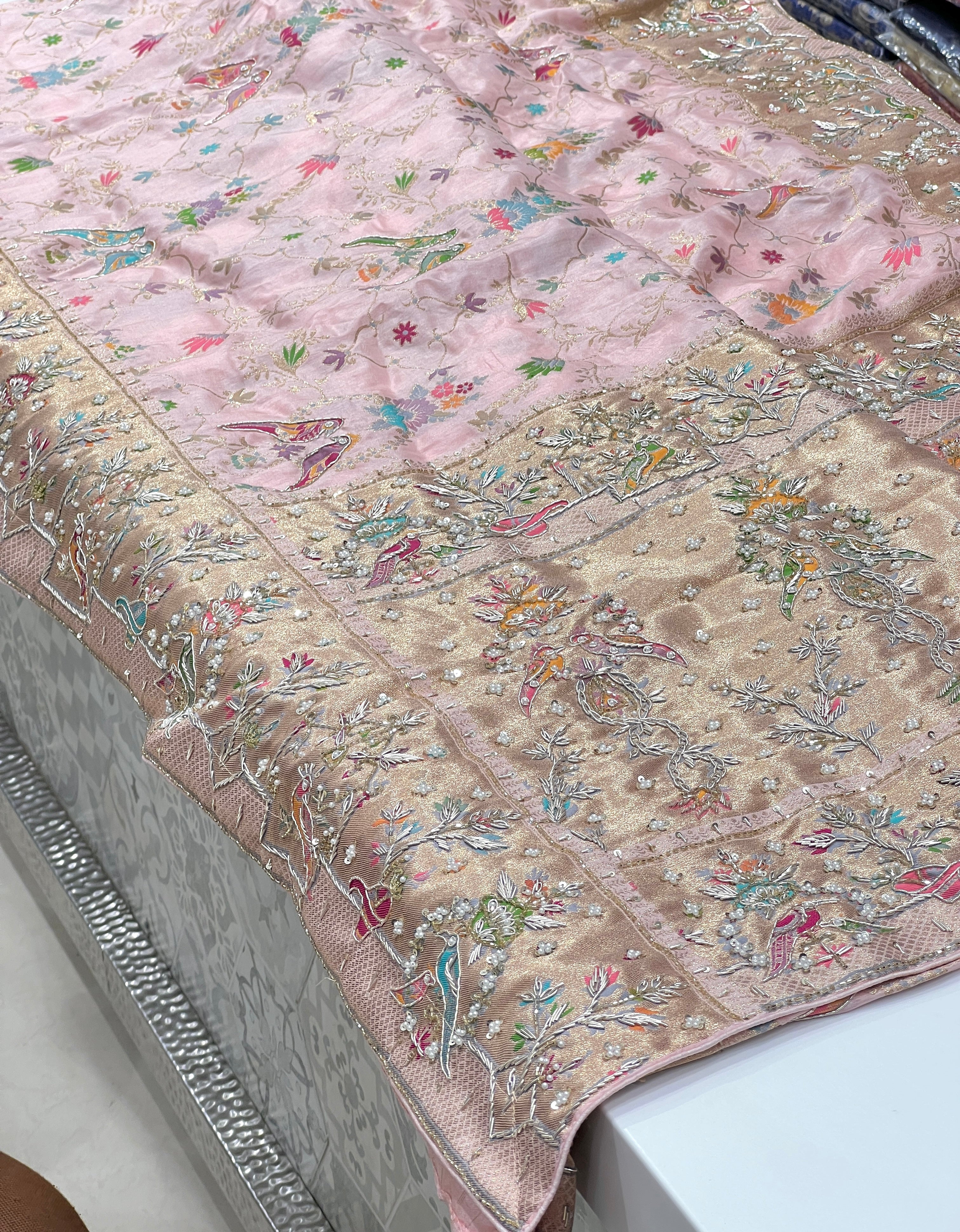 Pink Banarasi Munga Shikara Zardozi Hand Embroidery Saree