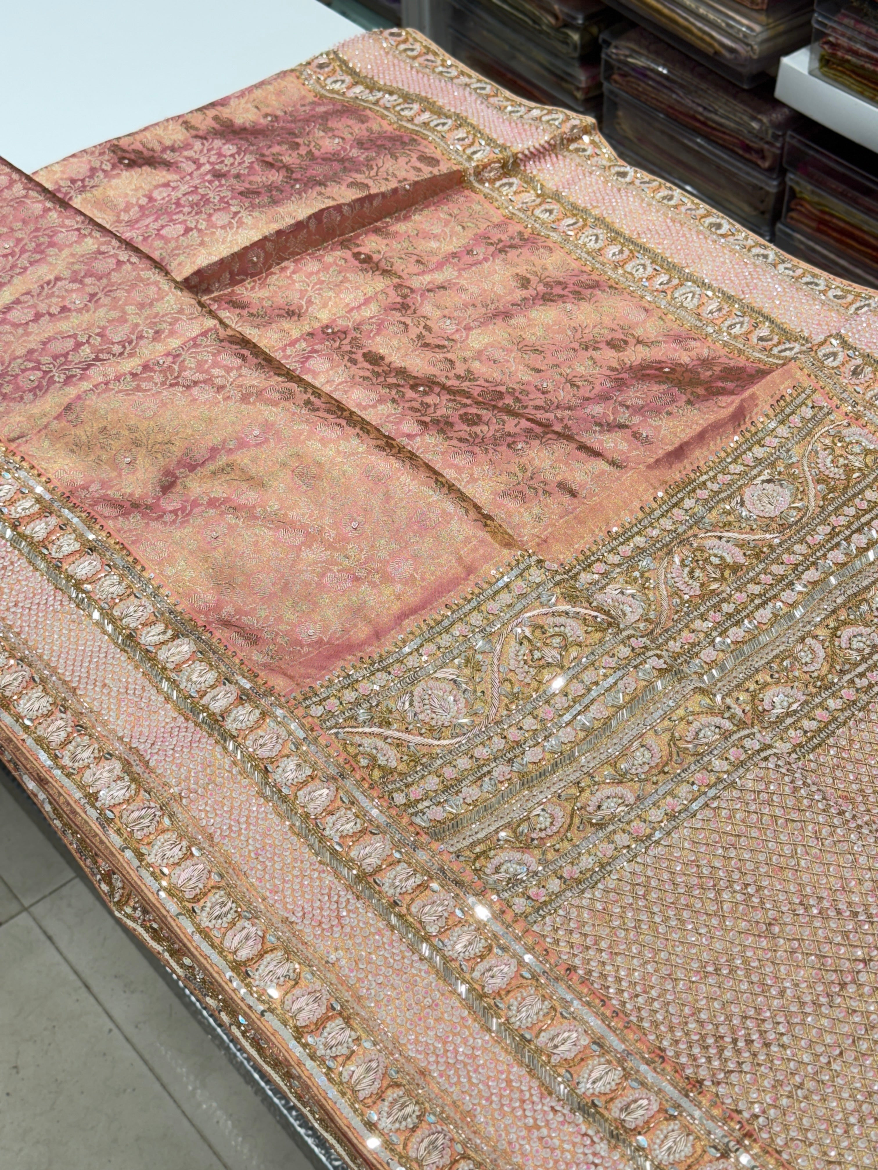 Pink Jaal Tissue Kanjivaram Hand Embroidery Saree