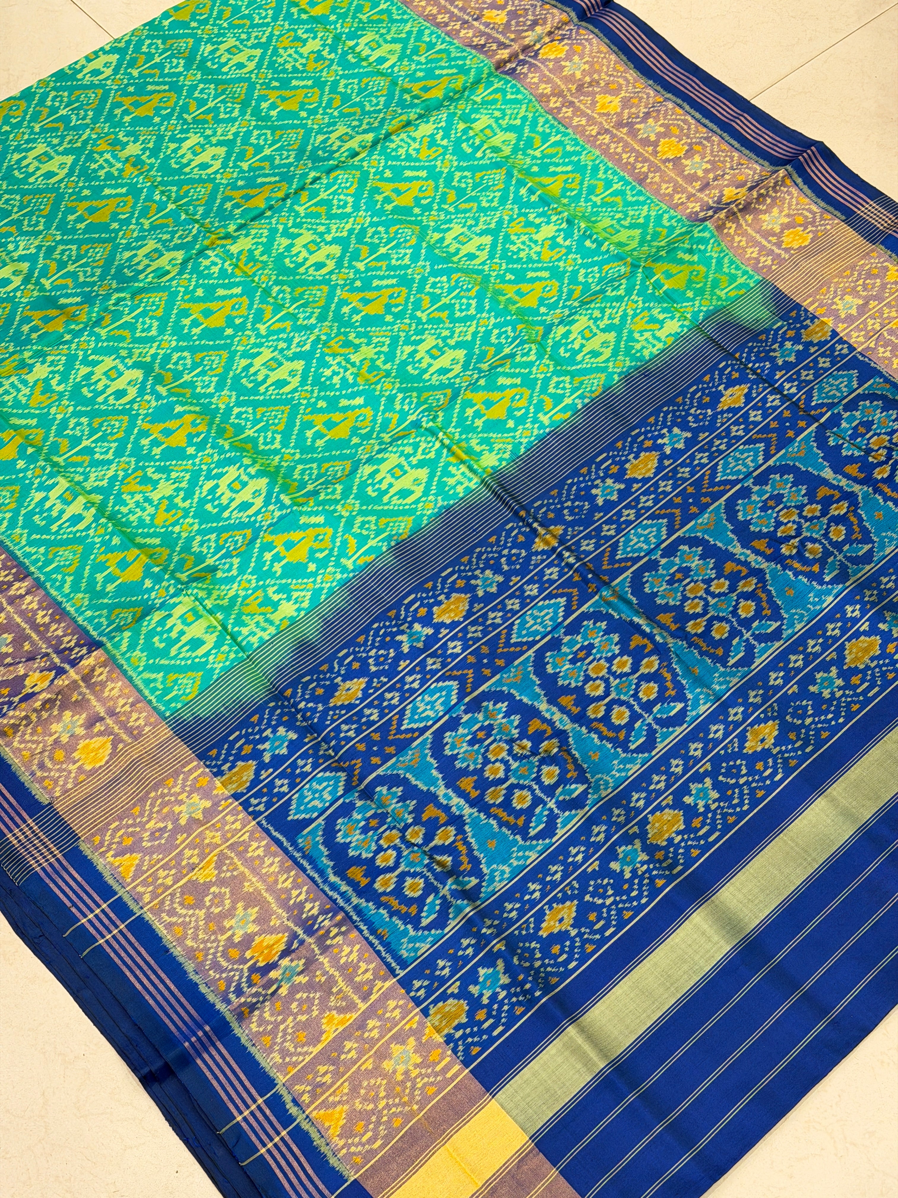 Rama Green with Blue Handloom Rajot Ikat Patola Silk Saree