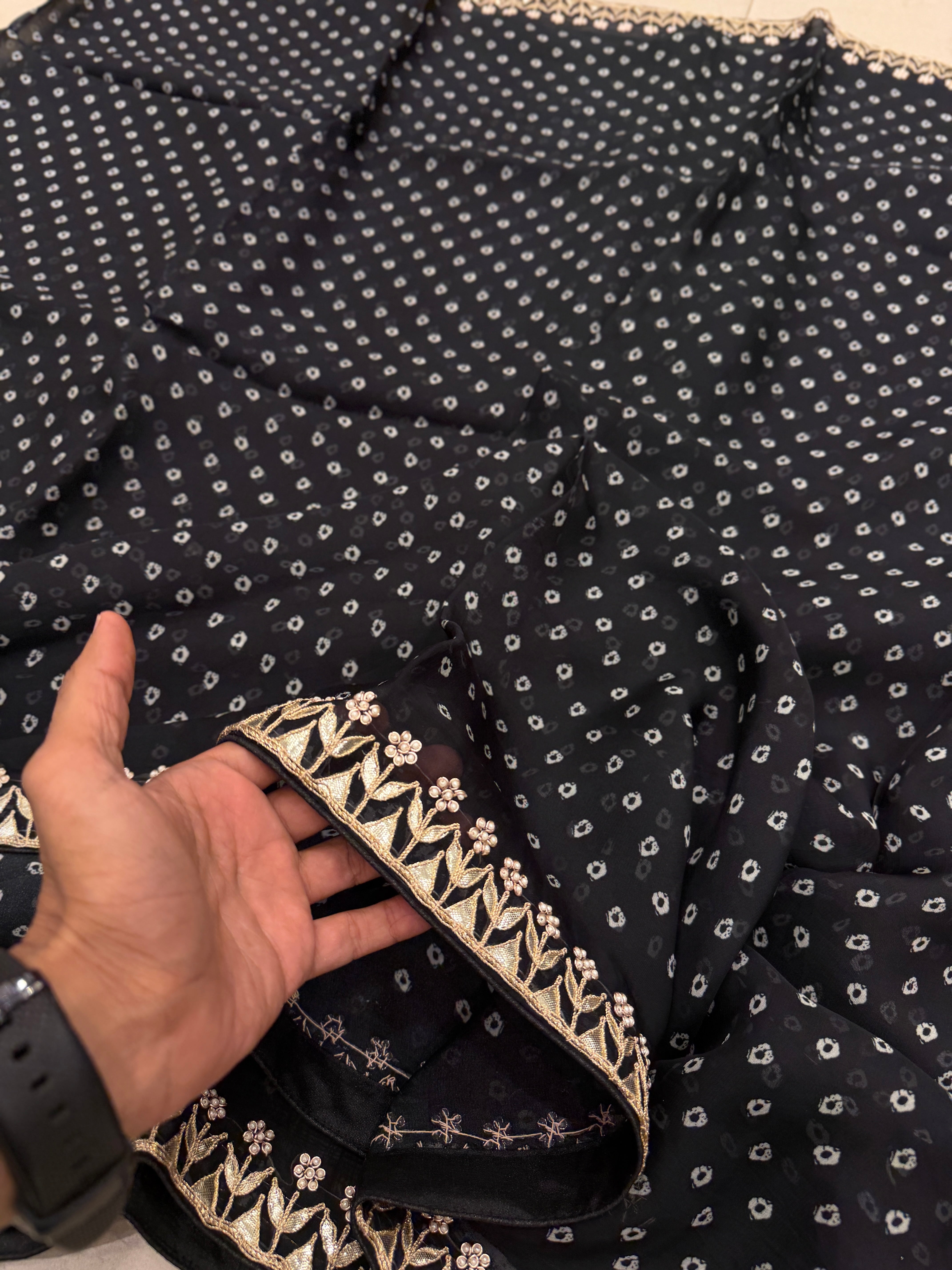 Black Soft Organza Bandhej Print Hand Embroidery Gotapatti Embroidery Saree
