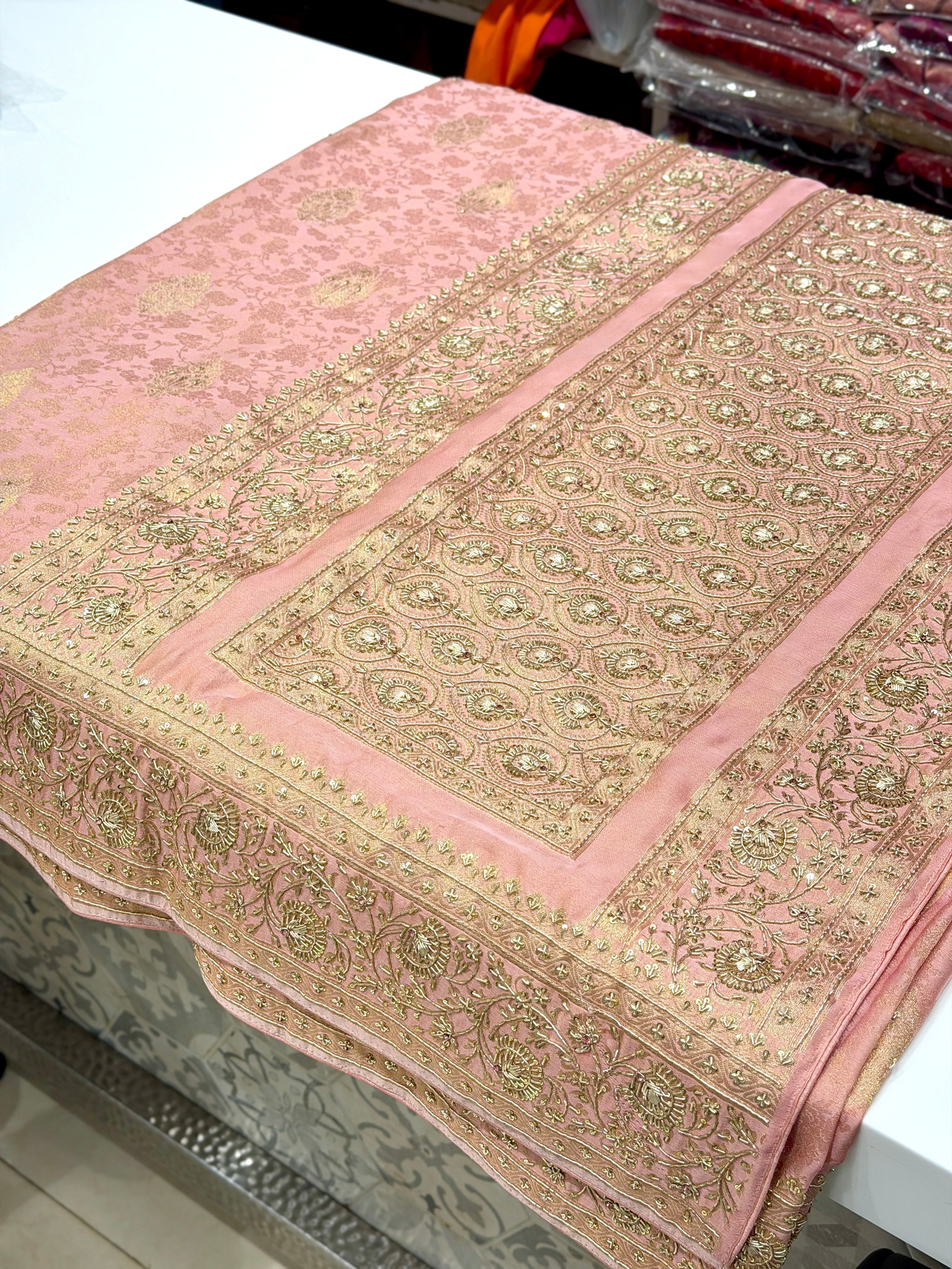 Pink Banarasi Crepe Tissue Zardodi Hand Embroidery Saree