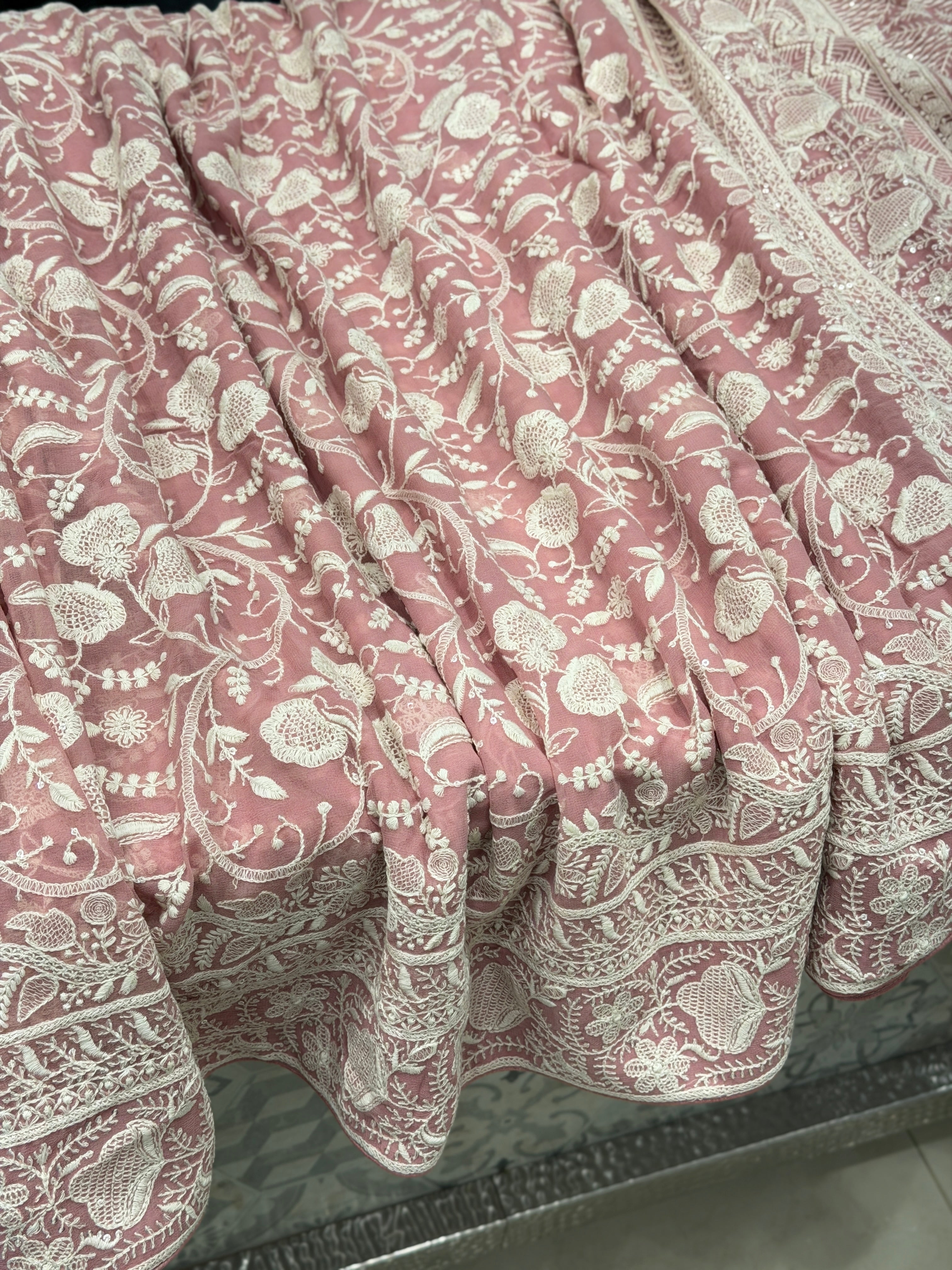 Pink Georgette Chikankari Resham Saree