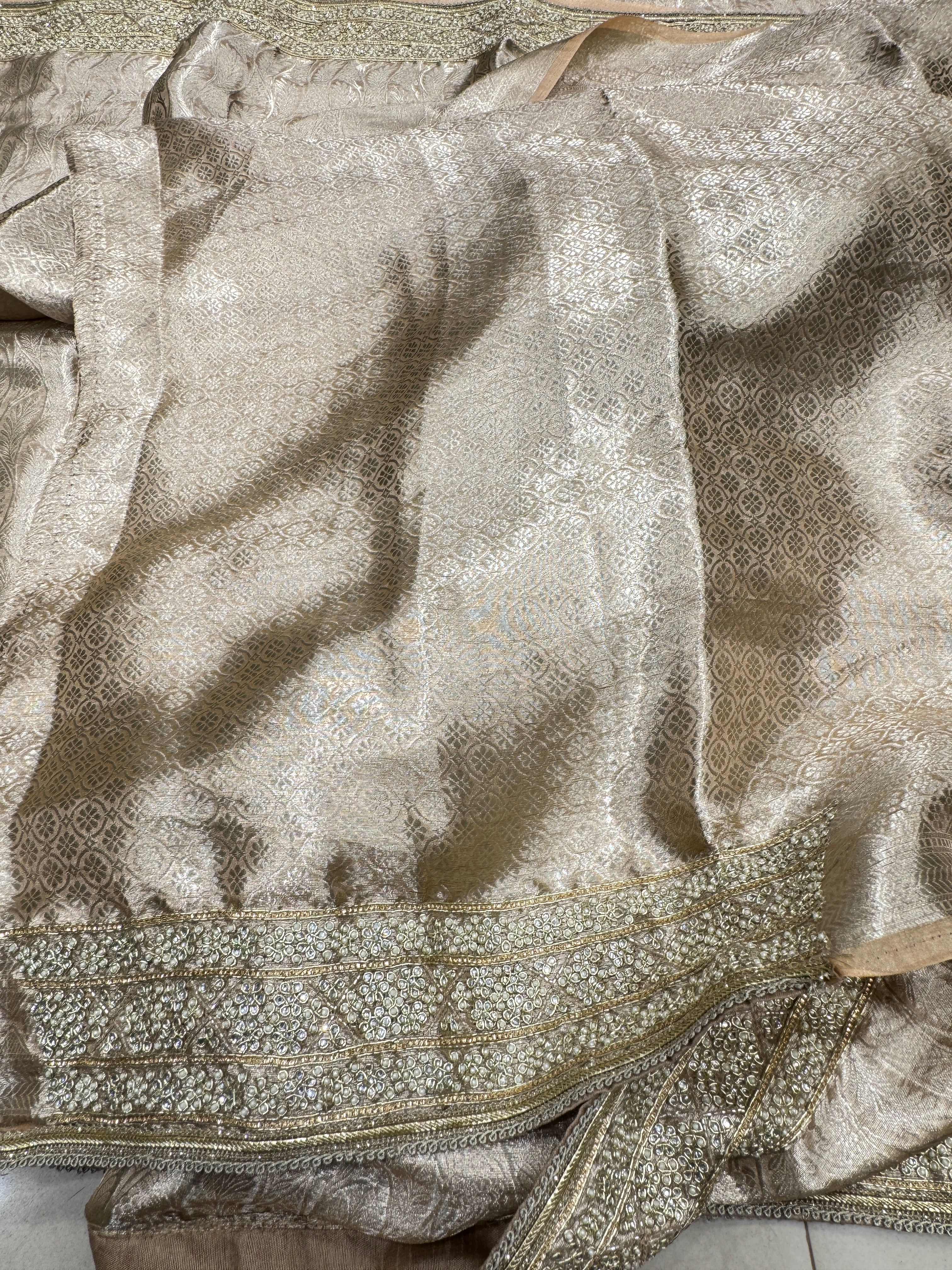 Nude Pink Silver Tissue Kanjivaram Moti Hand Embroidery Saree