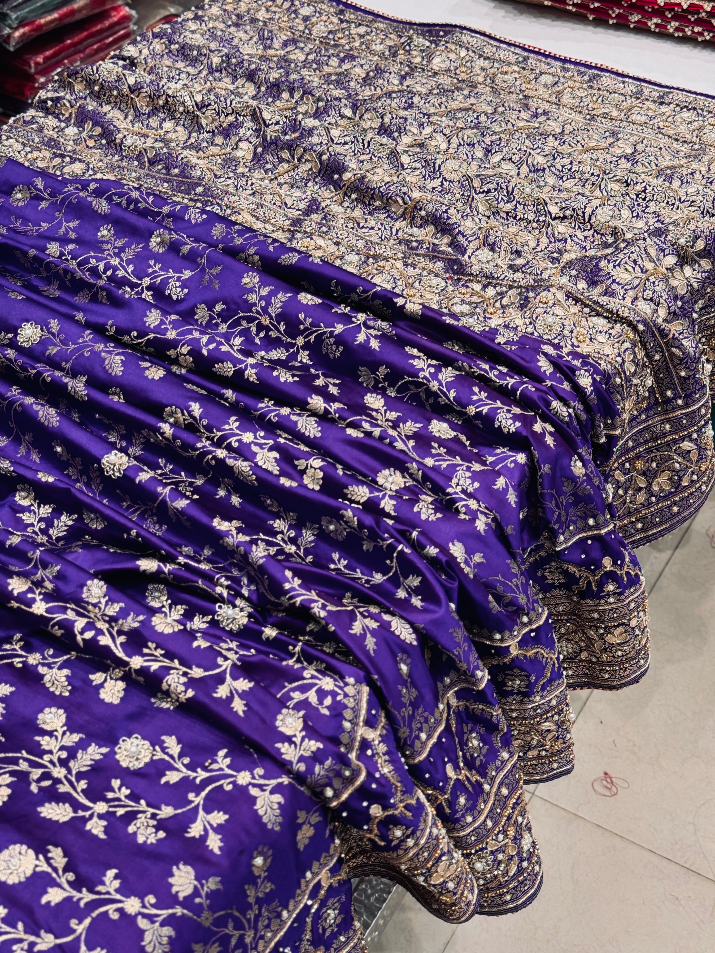 Violet Banarasi Silk Hand Embroidery Saree