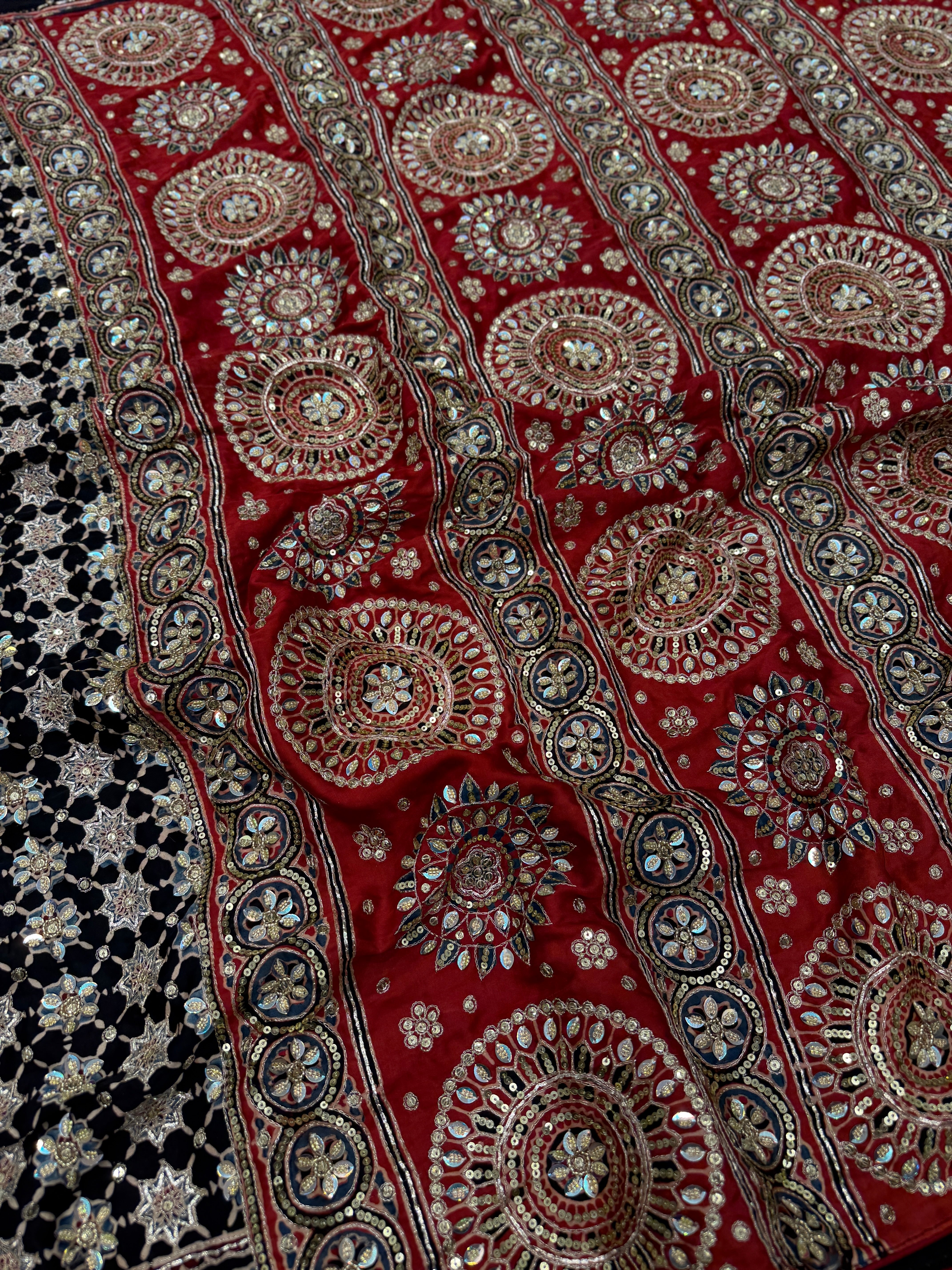 Red Black Jaal Pita Sequin Ajrakh Hand Embroidery Saree