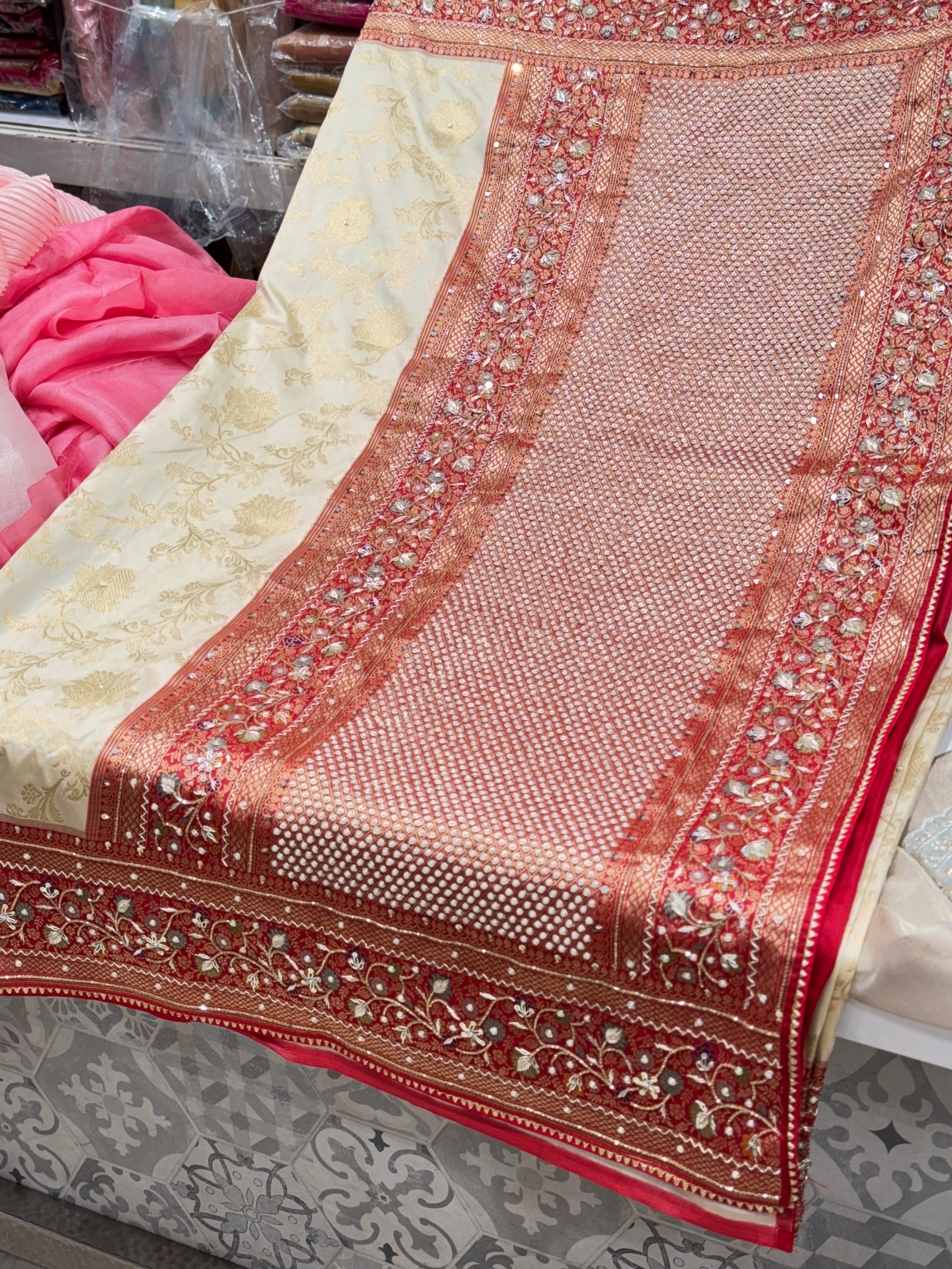 Beige Red Banarasi Border Hand Embroidery Saree