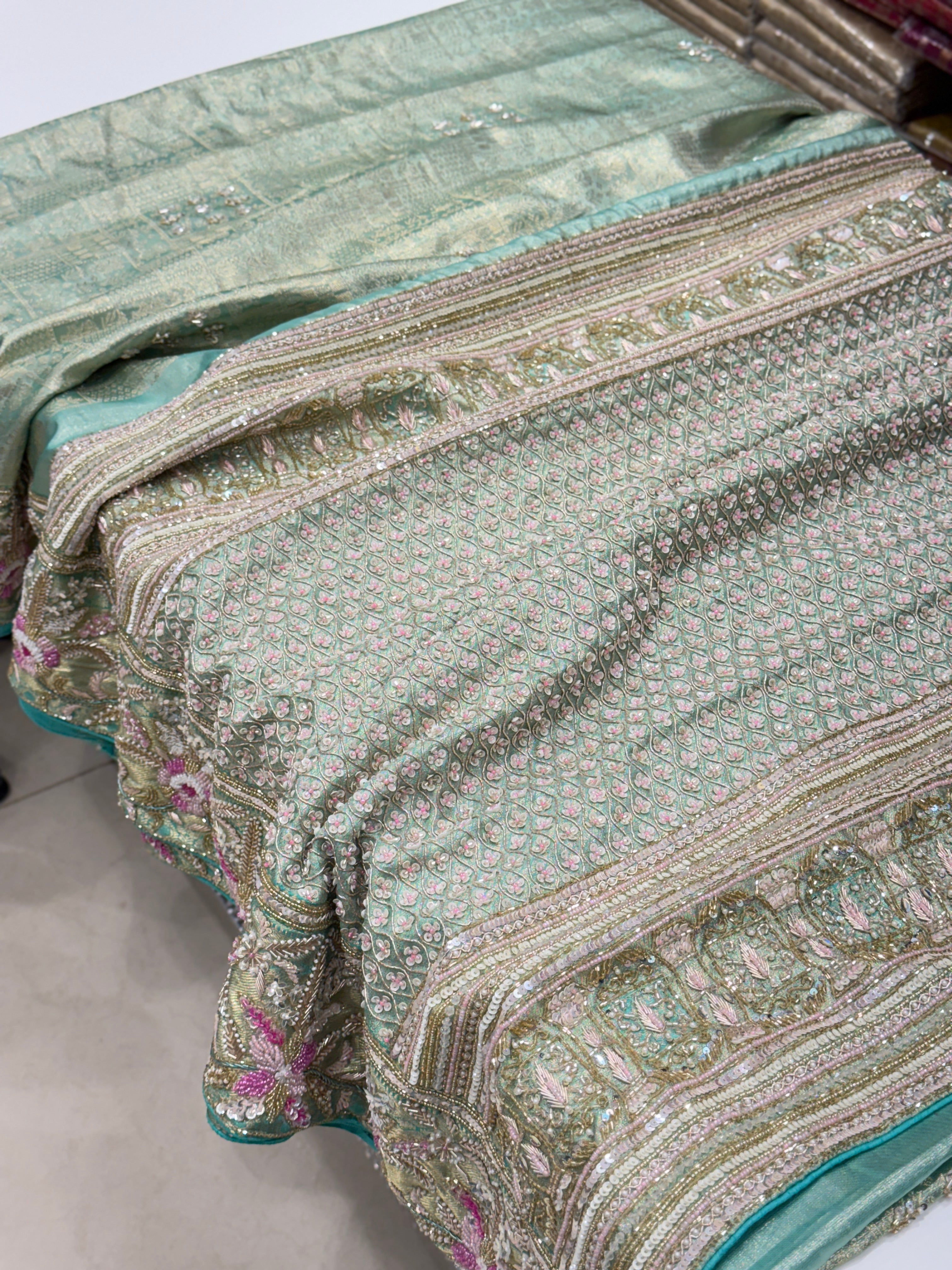 Green Tissue Kanjivaram with Moti Zardosi Hand Embroidery Saree