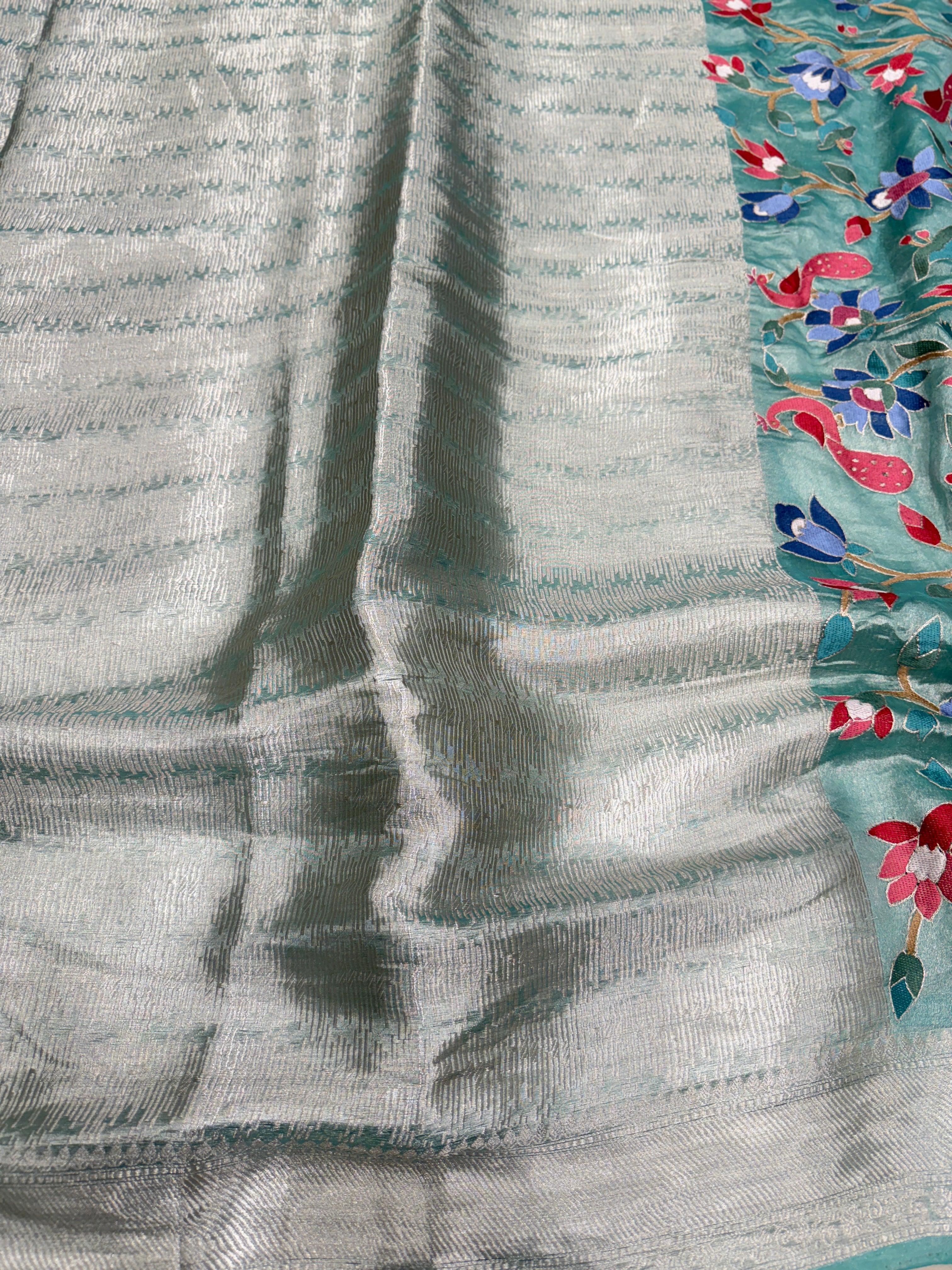 Sea Green Handloom Tissue Contemporary Resham Embroidery Saree