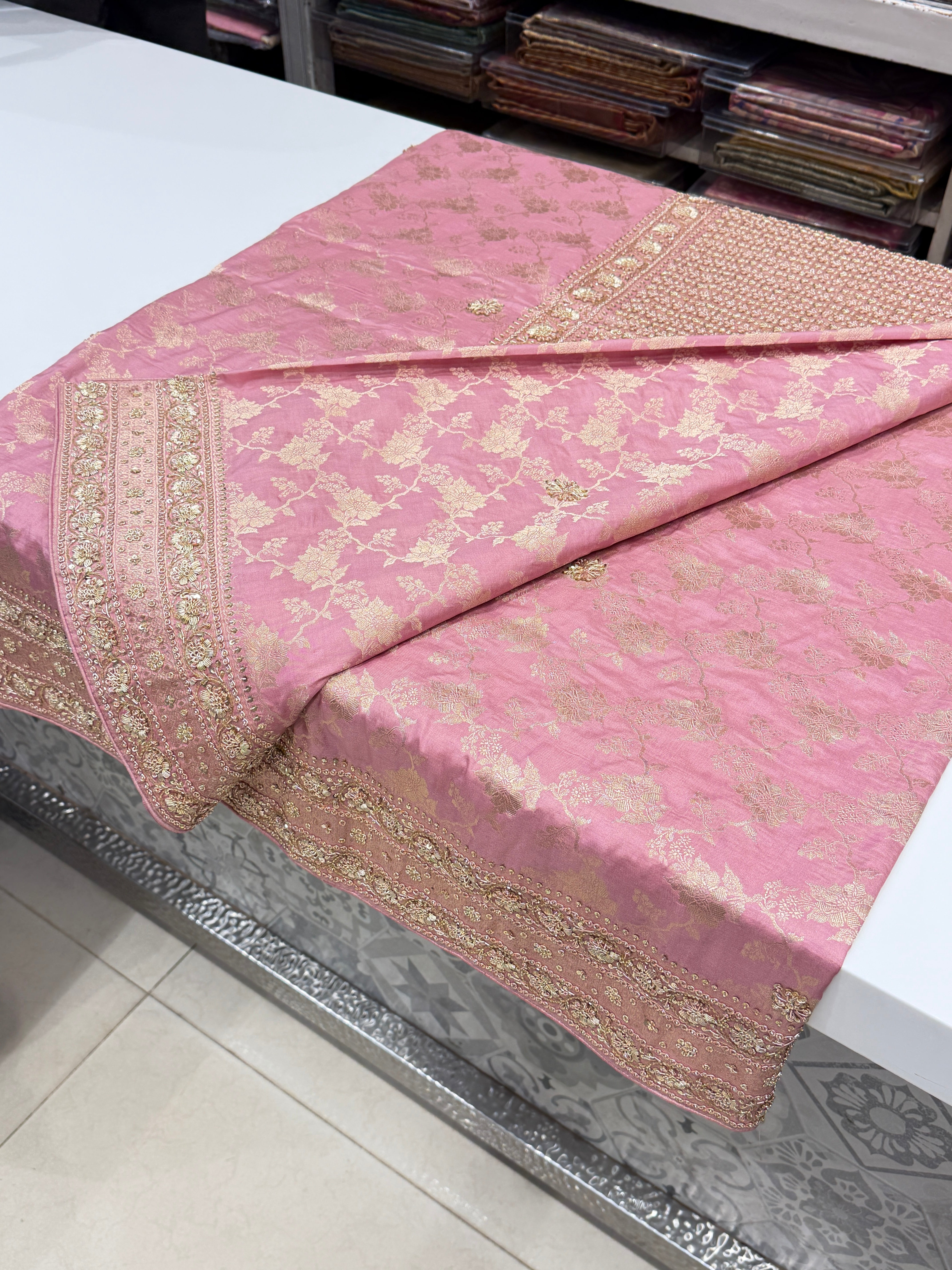 Pink Jaal Handloom Banarasi Katan Silk Zardosi Hand Embroidery Saree