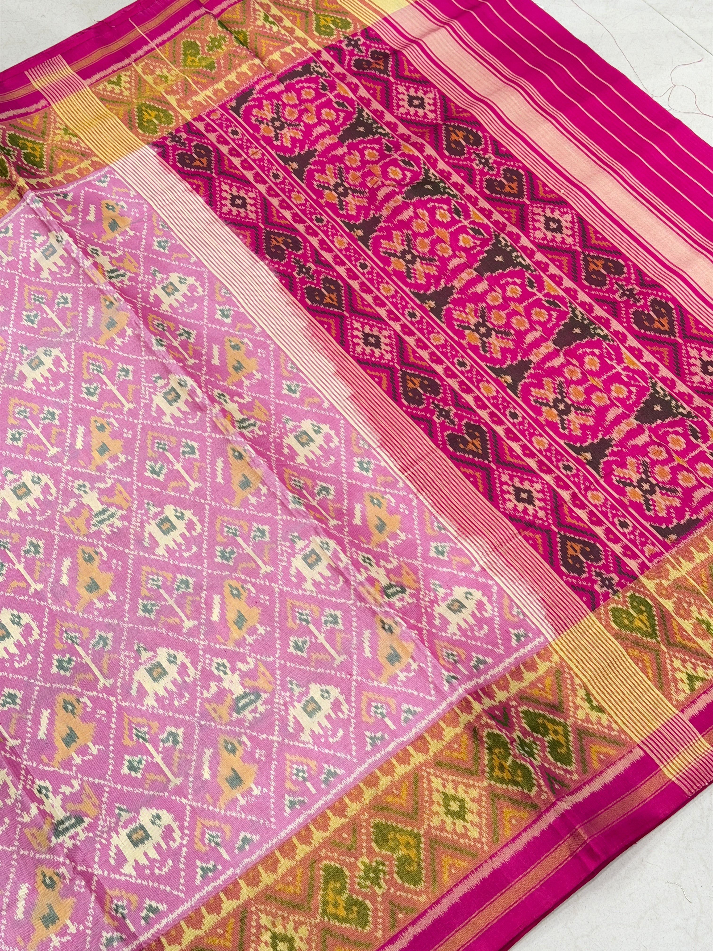 White Pink Elephant Chabdi Handloom Rajot Ikat Patola Silk Saree