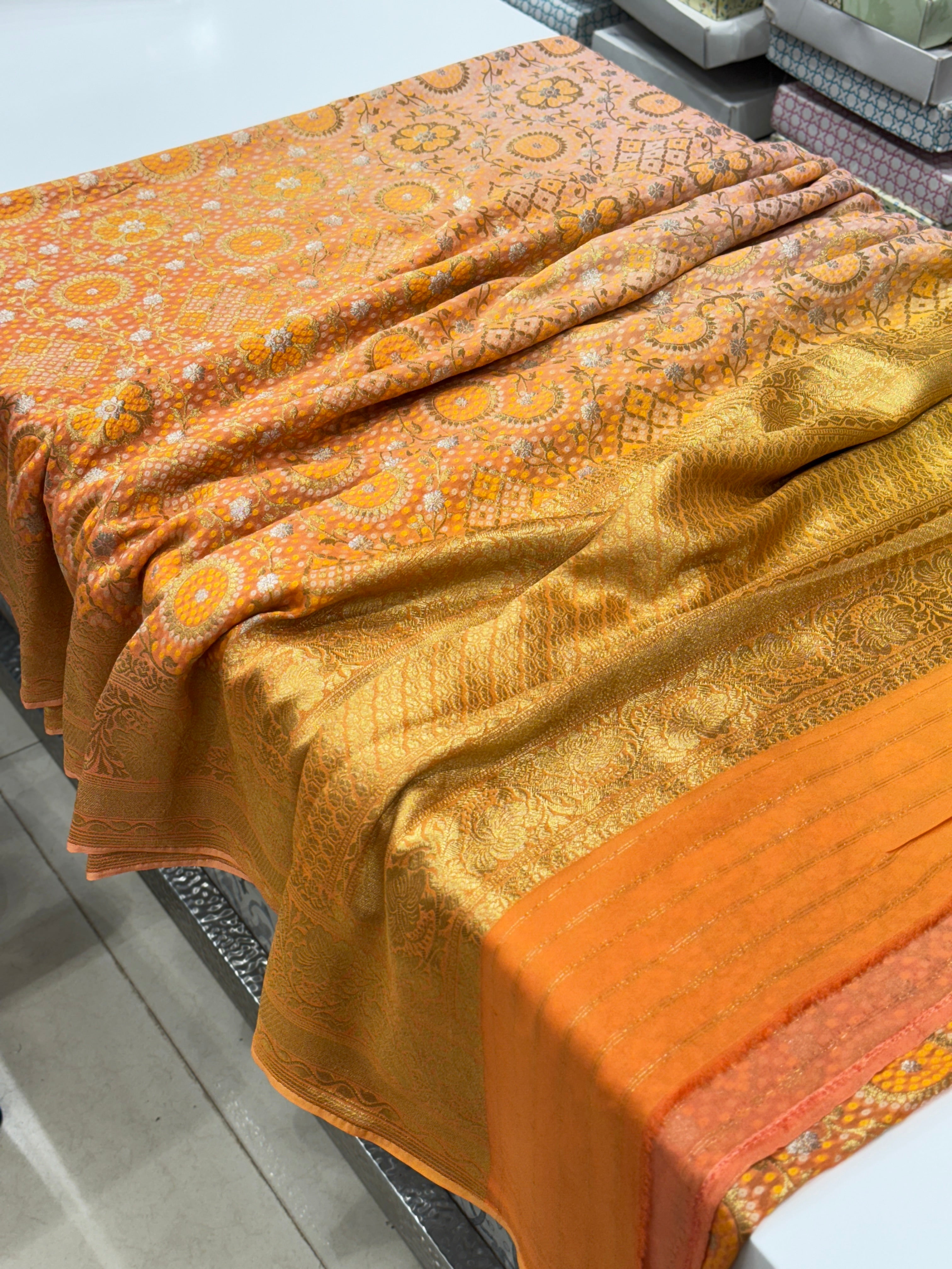 Orange Shaded Woven Bandhej Georgette Banarasi Saree