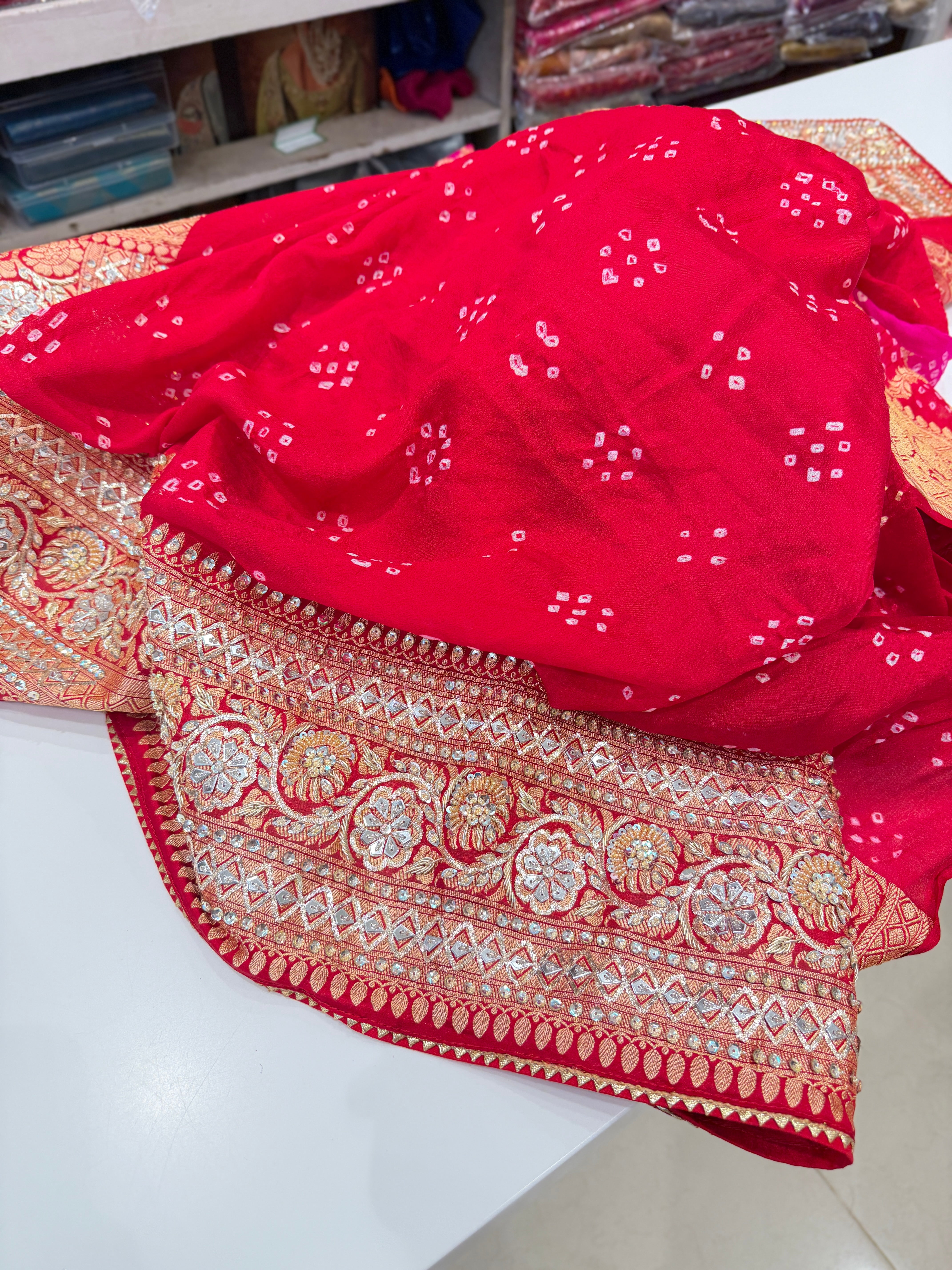 Red Rani Shaded Bandhej Zardosi Pita Hand Embroidery Saree