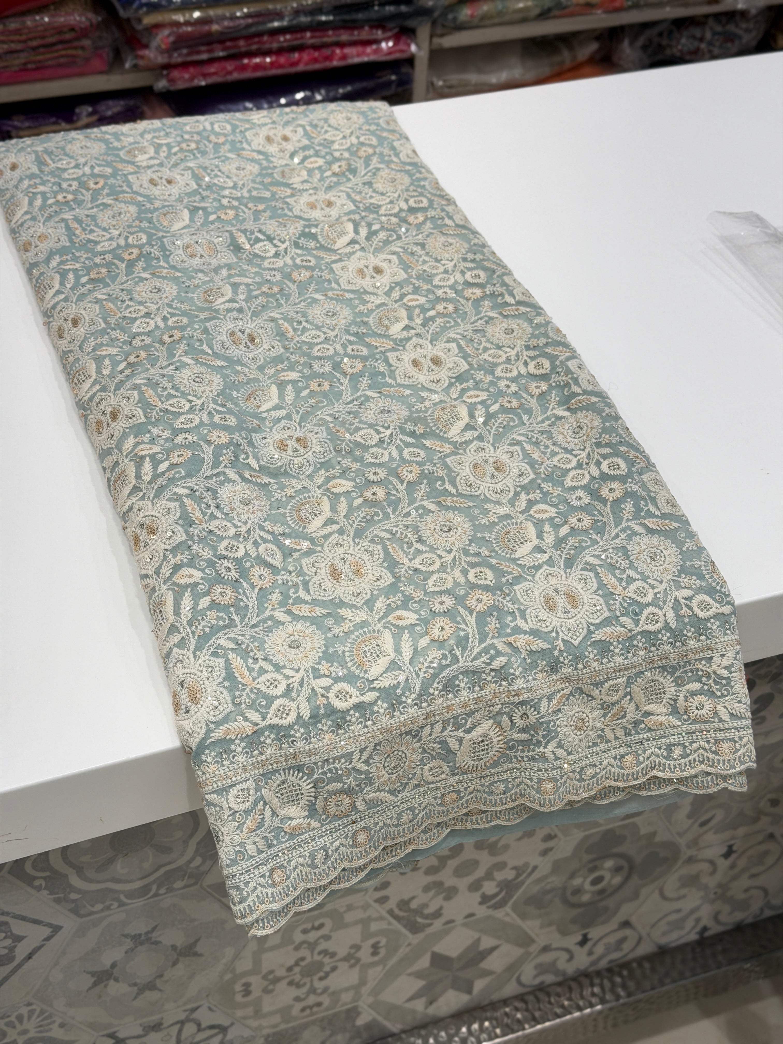 Sea Green Chikankari Georgette Small Scallop Design Saree
