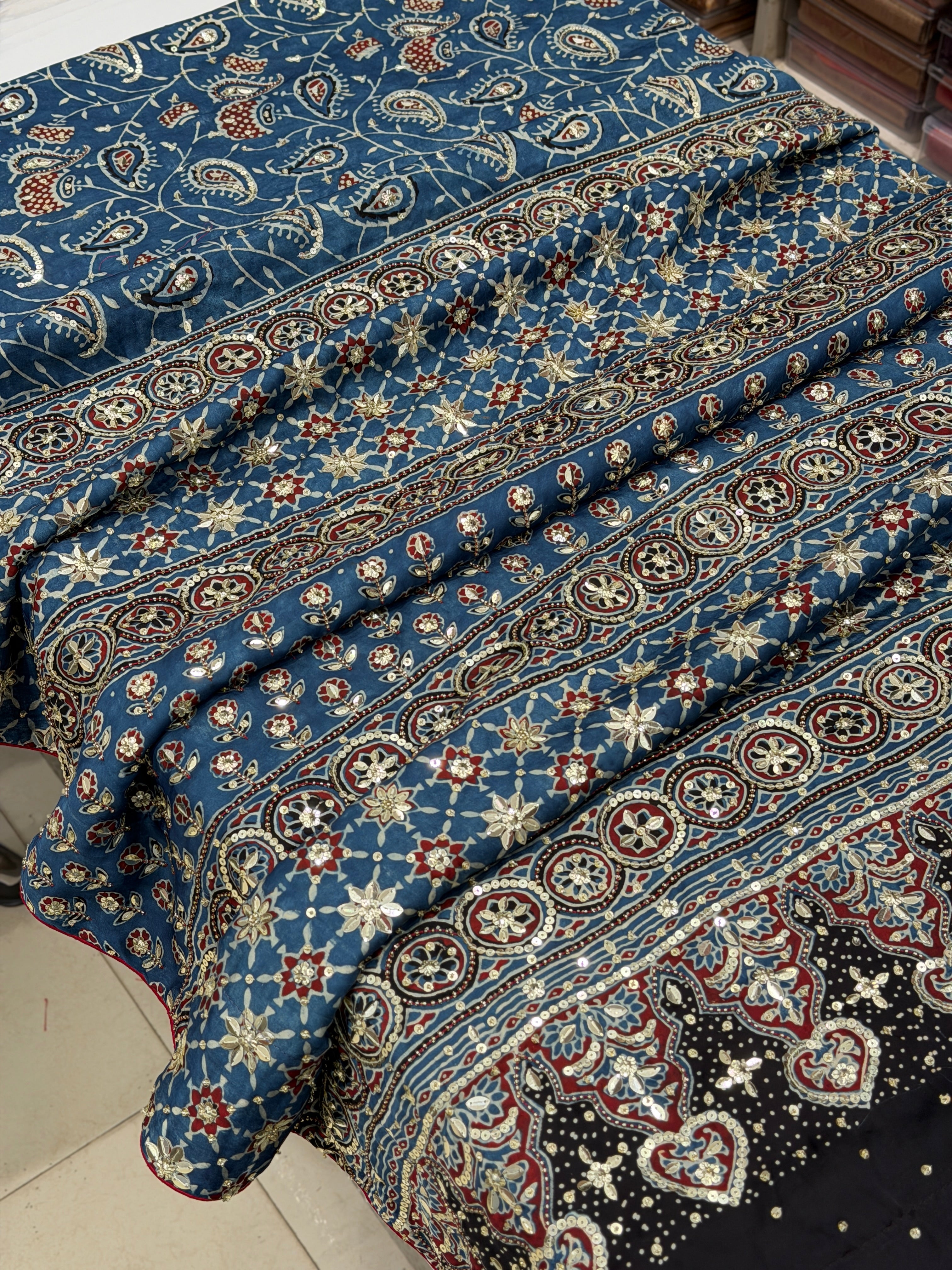 Blue Jaal Ajrakh Sequin Moti Hand Embroidery Saree