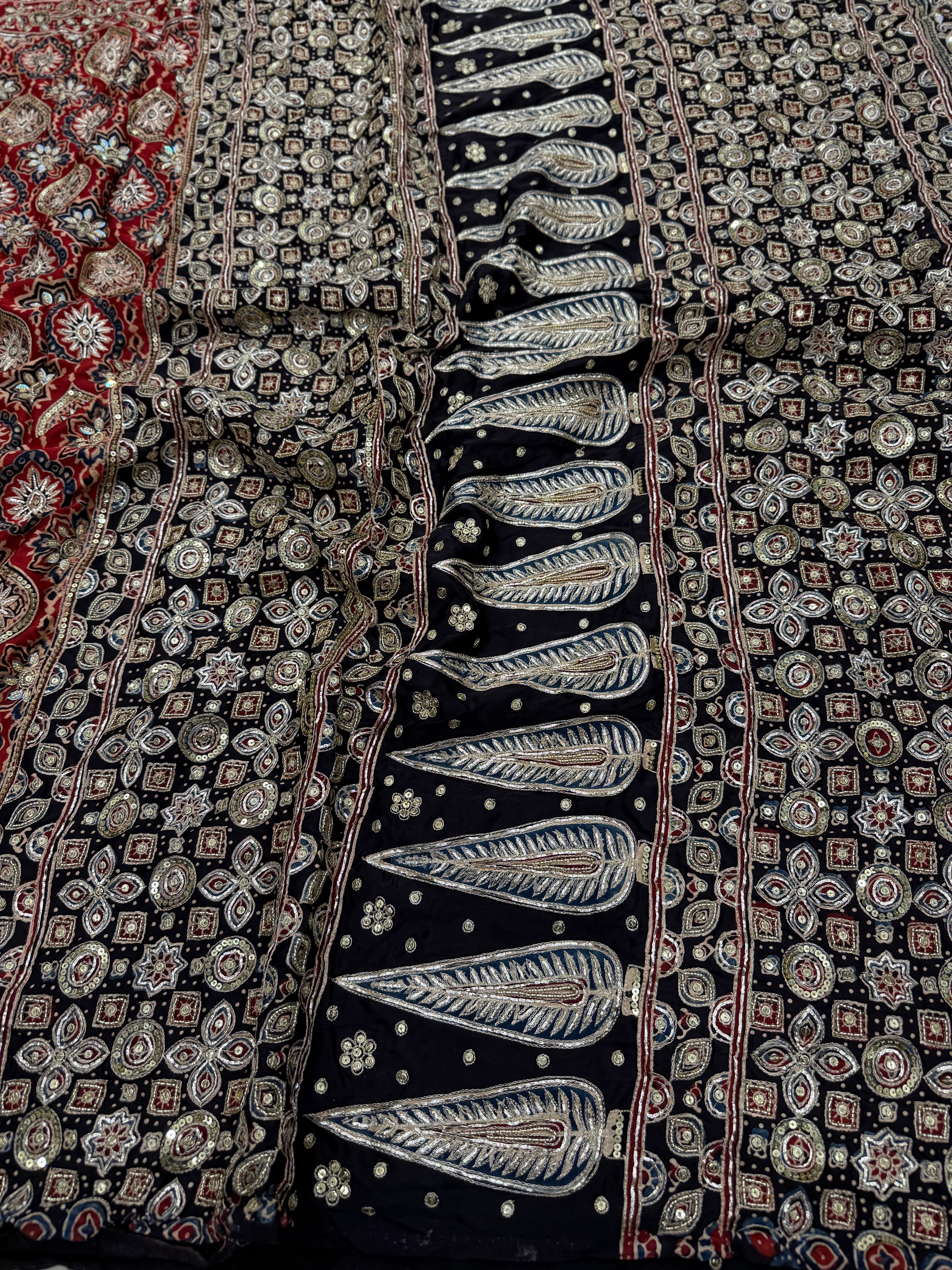 Black Red Badam Jaal Pita Zardosi Sequin Ajrakh Hand Embroidery Saree