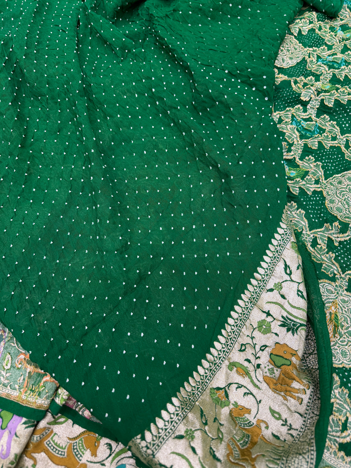 Bottle Green Meenakari Elephant Motif Geoegette Rai Bandhej Saree