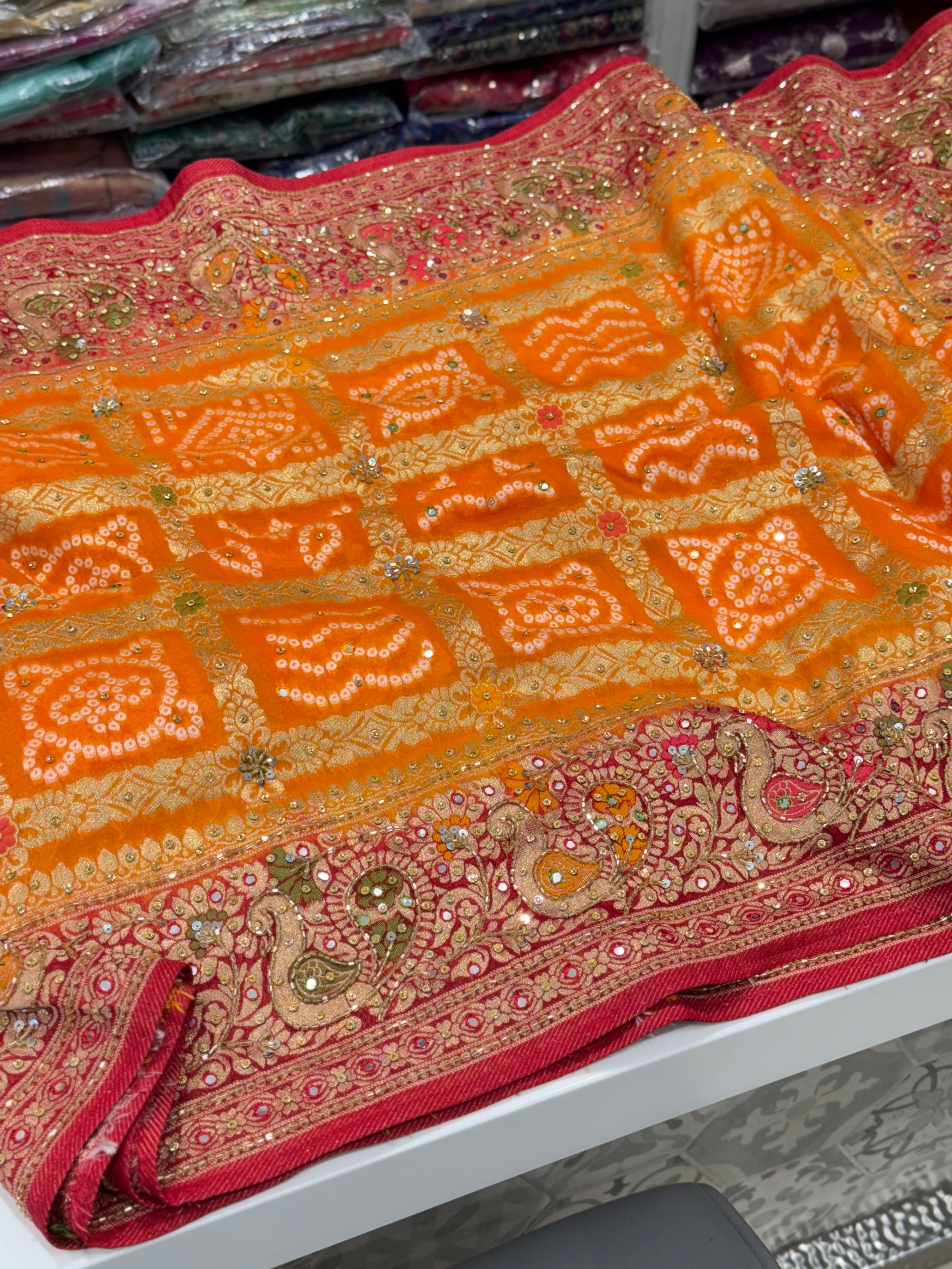 Orange Red Gharchola Hand Embroidery Saree