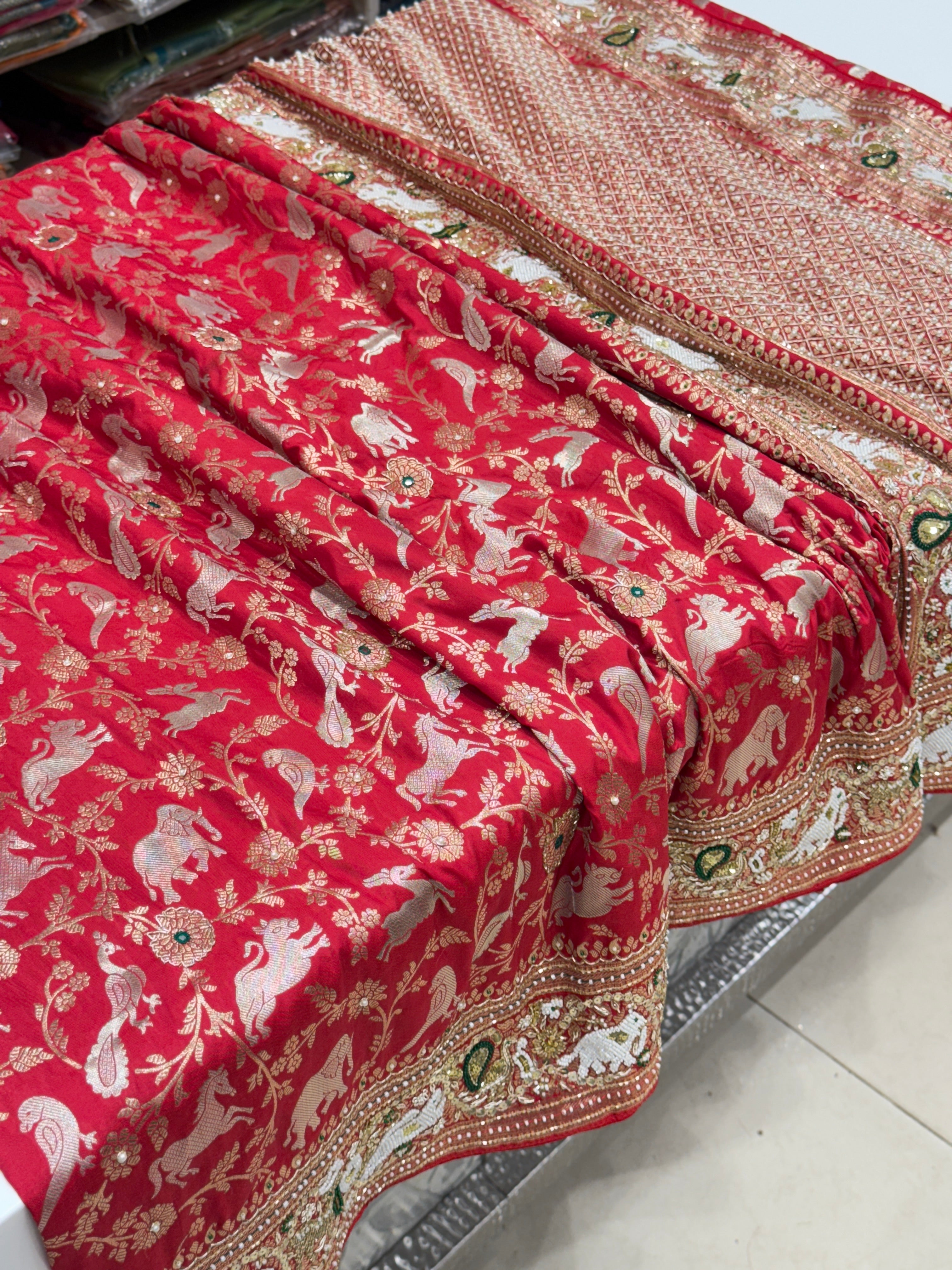Red Banarasi Shikara Moti Embroidery