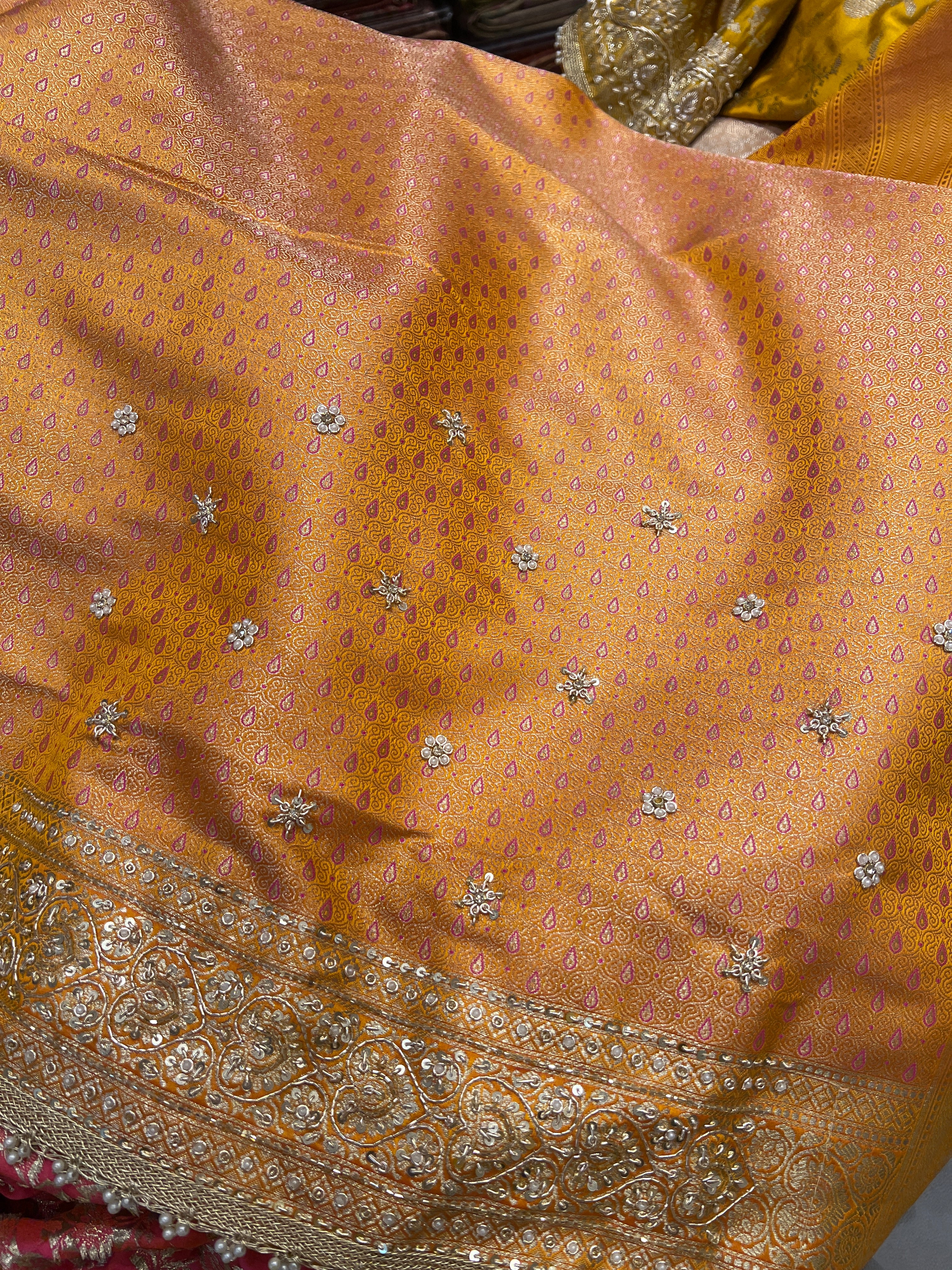 Mango Yellow Banarasi Heart Border Hand Embroidery Saree