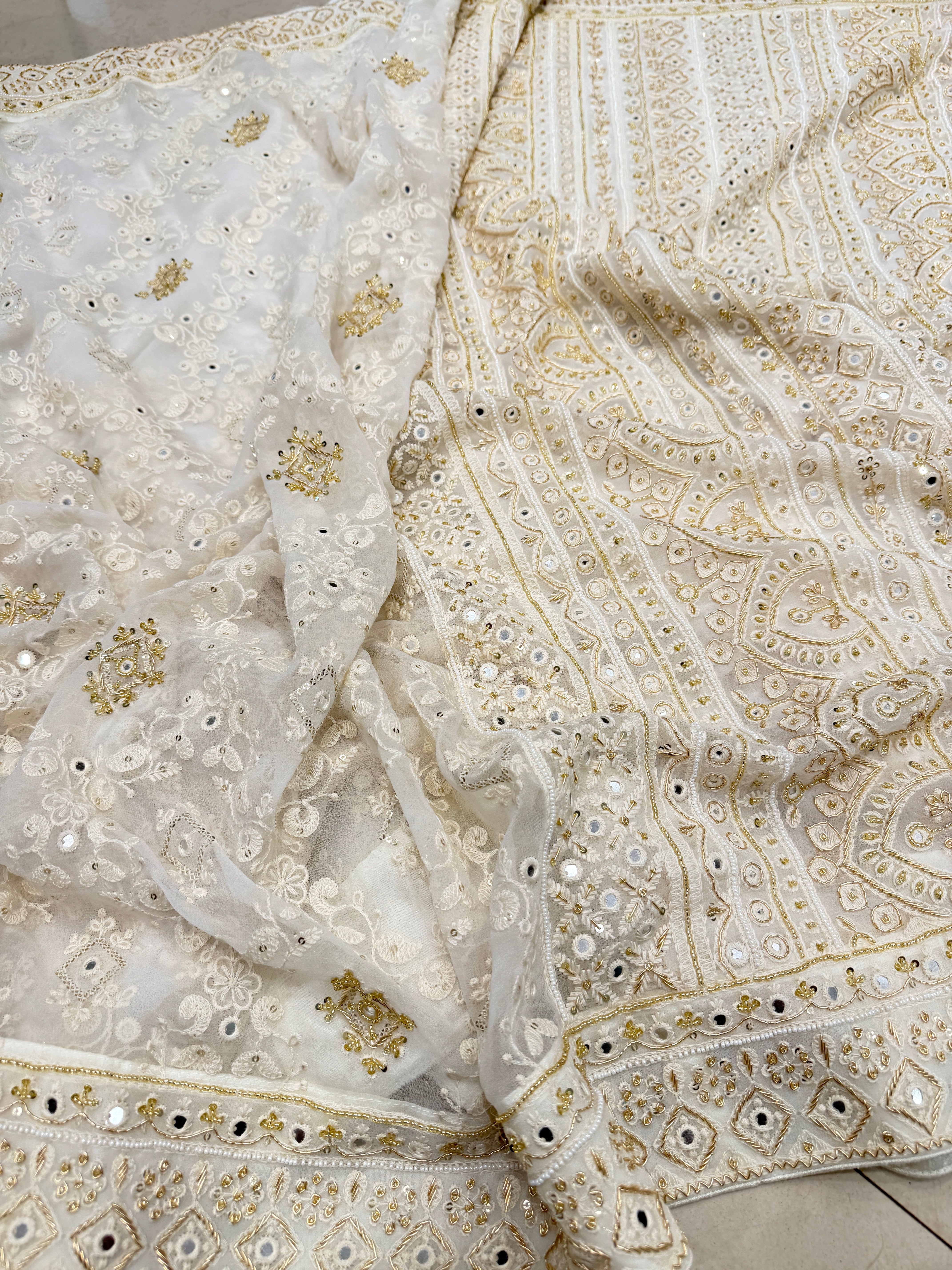 White Chikankari Zardosi Moti Hand Embroidery Saree