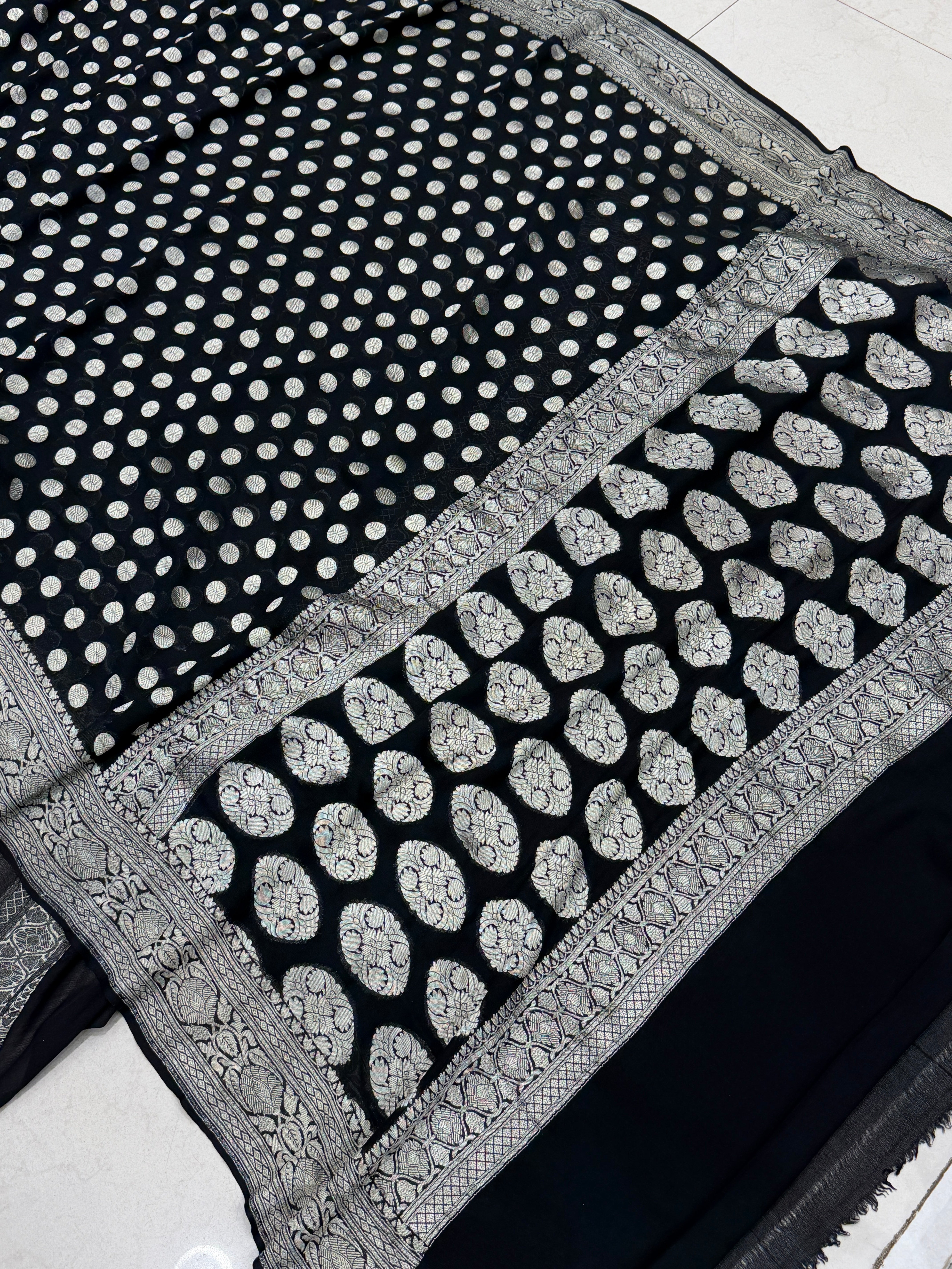 Black Dollar Buttis Handloom Banarasi Khaddi Georgette Saree