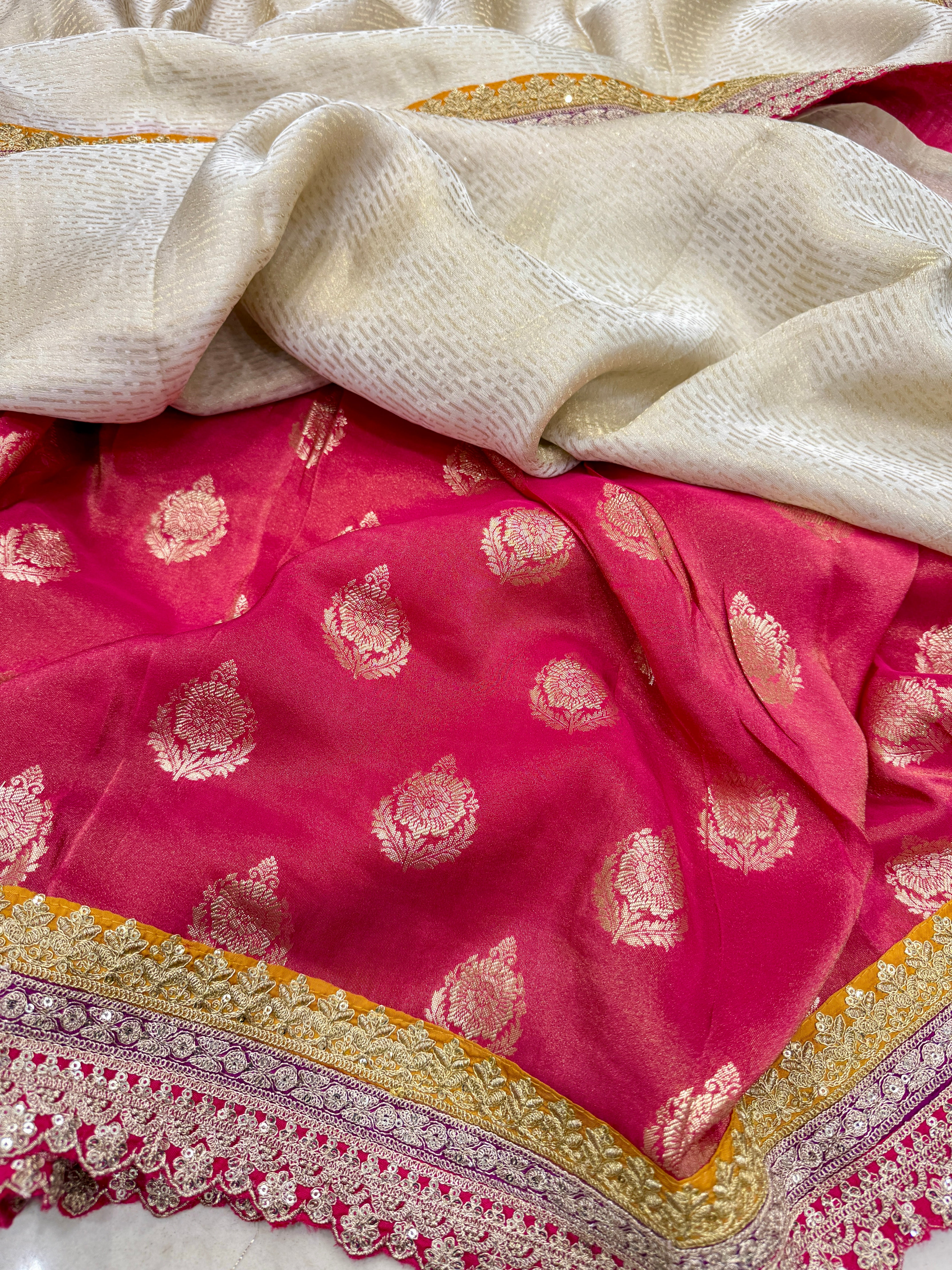 Crepe Tissue Weaved Contemporary Sabyasachi Inspired Rani Border Saree