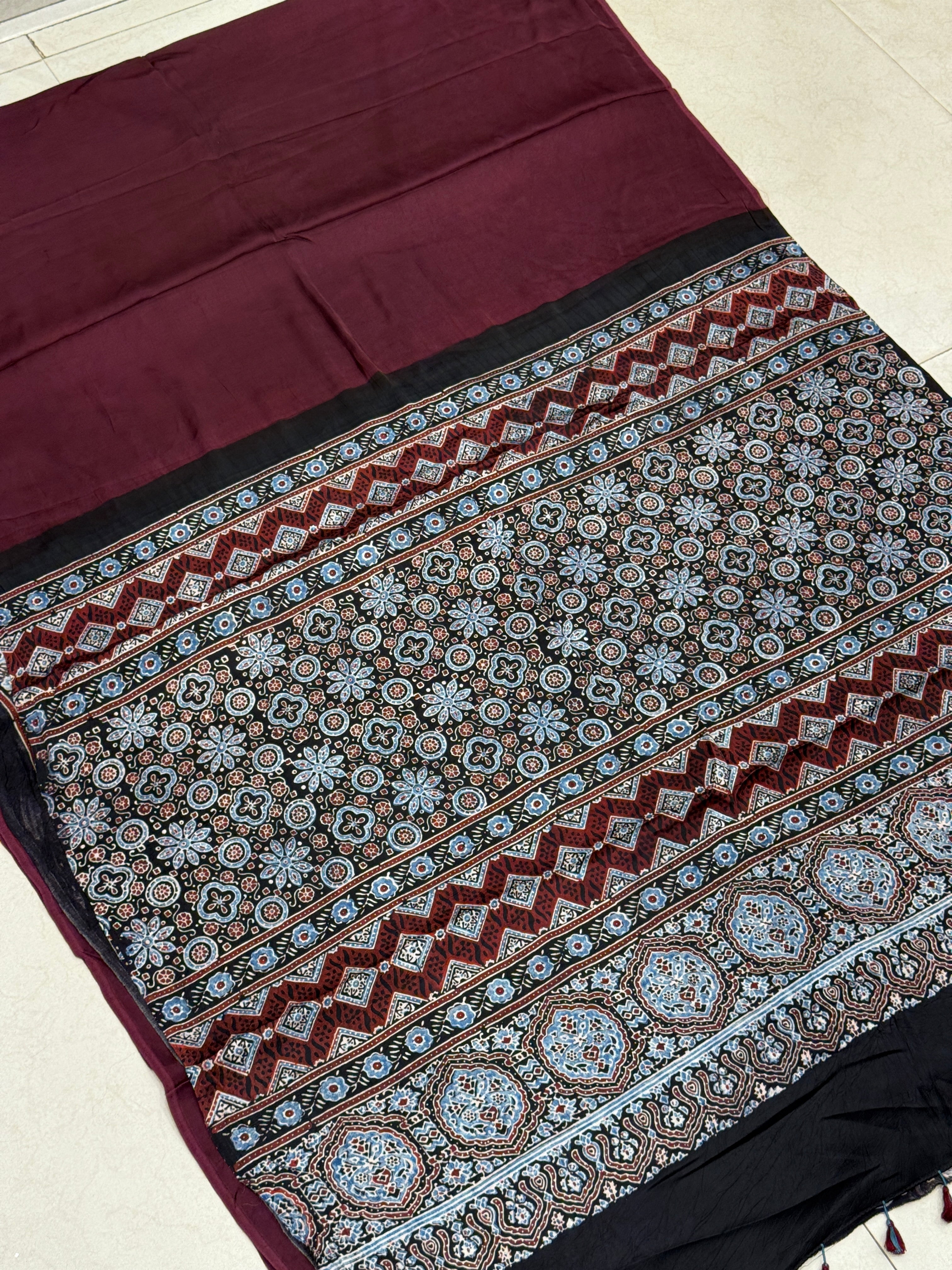 Wine Black Pallu Plain Modal Gajji Silk Ajrakh Saree