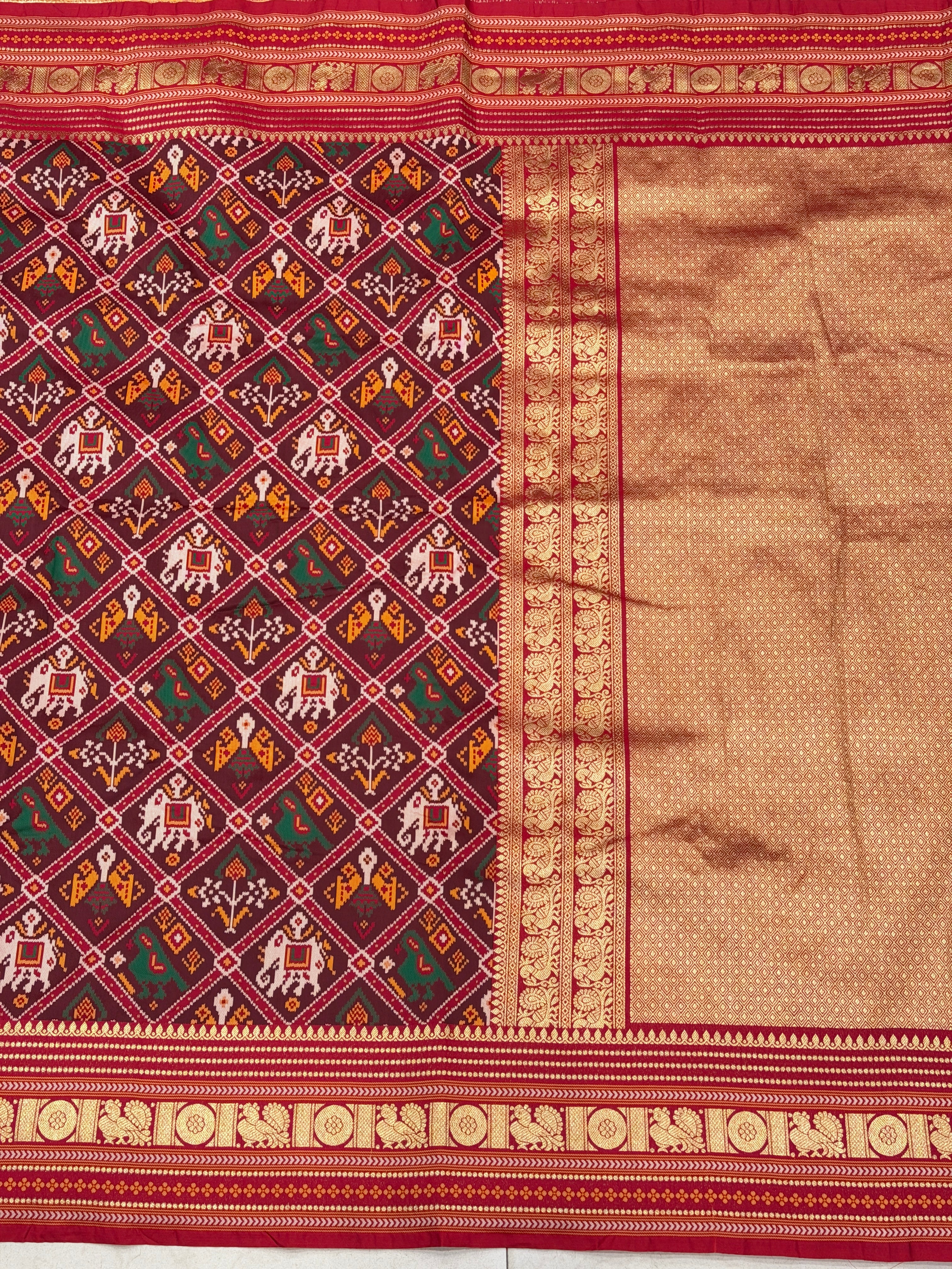 Red Checkered Kanchi Style Border Semi Silk Weaved Patan Patola Saree