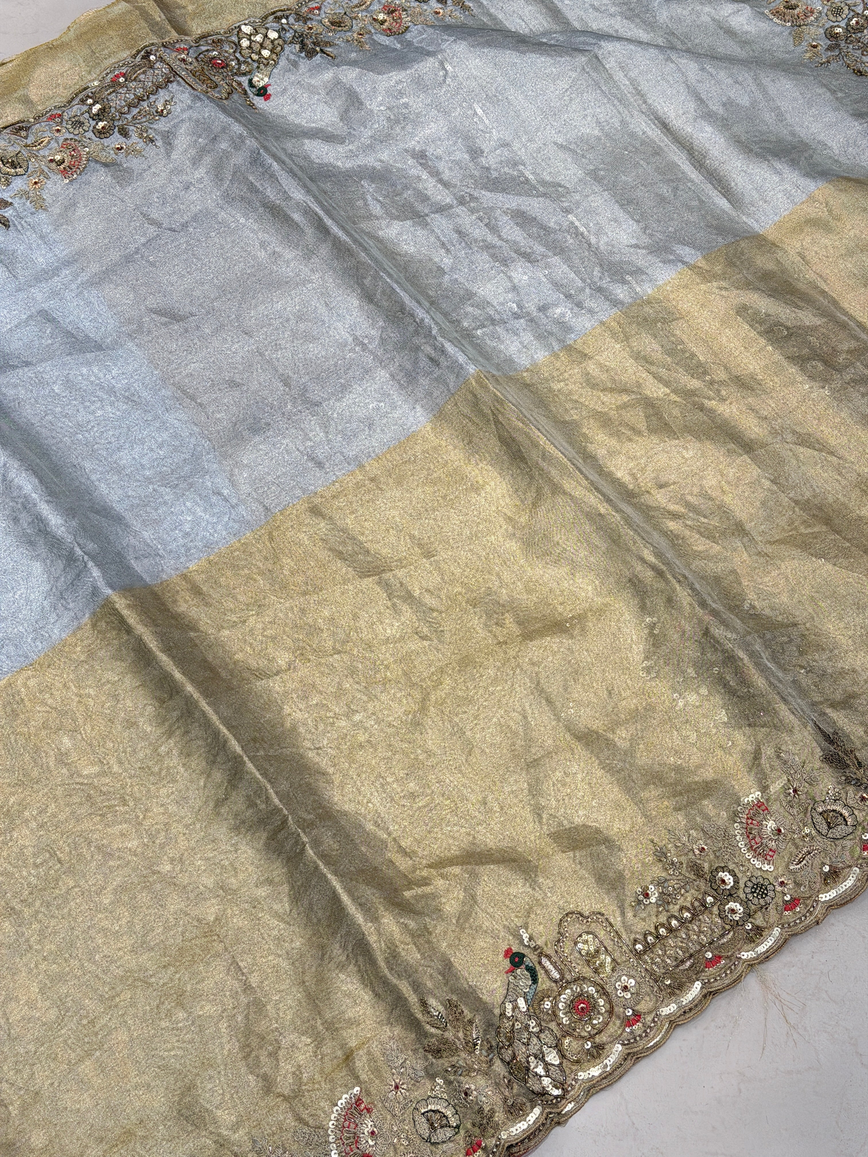 Tissue Silver Golden Embroidery Saree