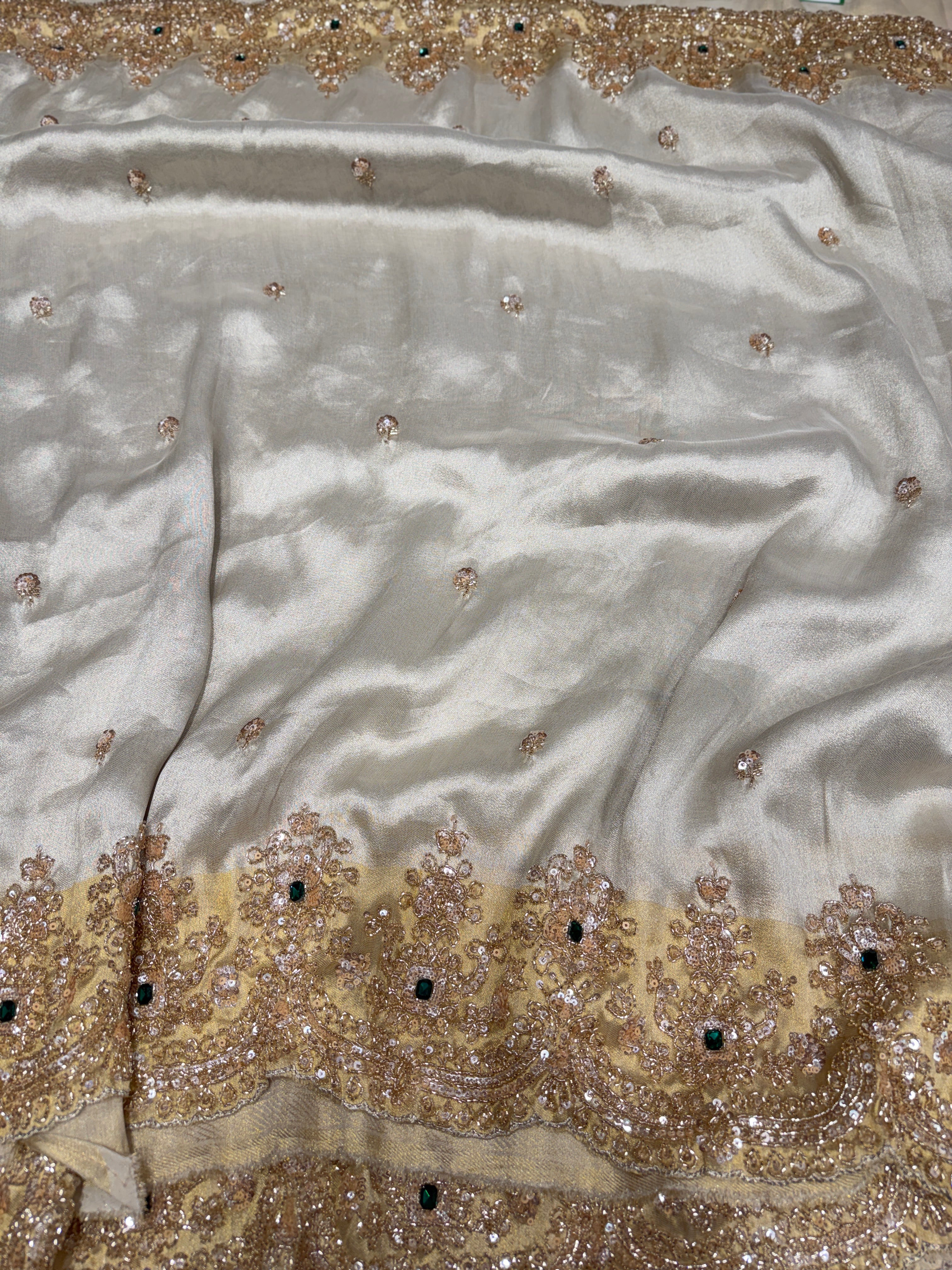 Silver Golden Tissue Crepe Kanchi Style Weave Crystal Embroidery Scallop Saree