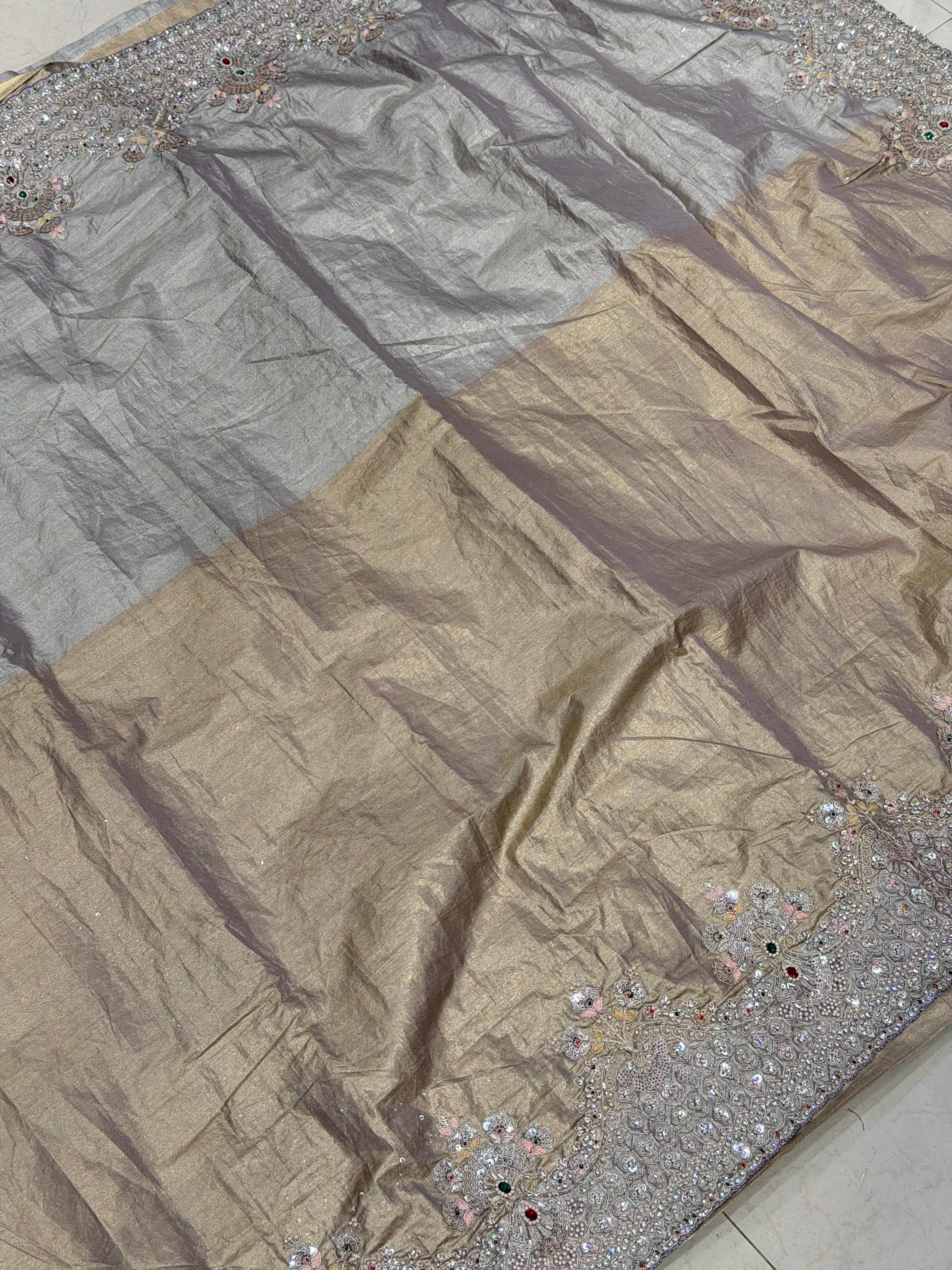 Golden Silver Crushed Paper Tissue Silk Embroidery Saree