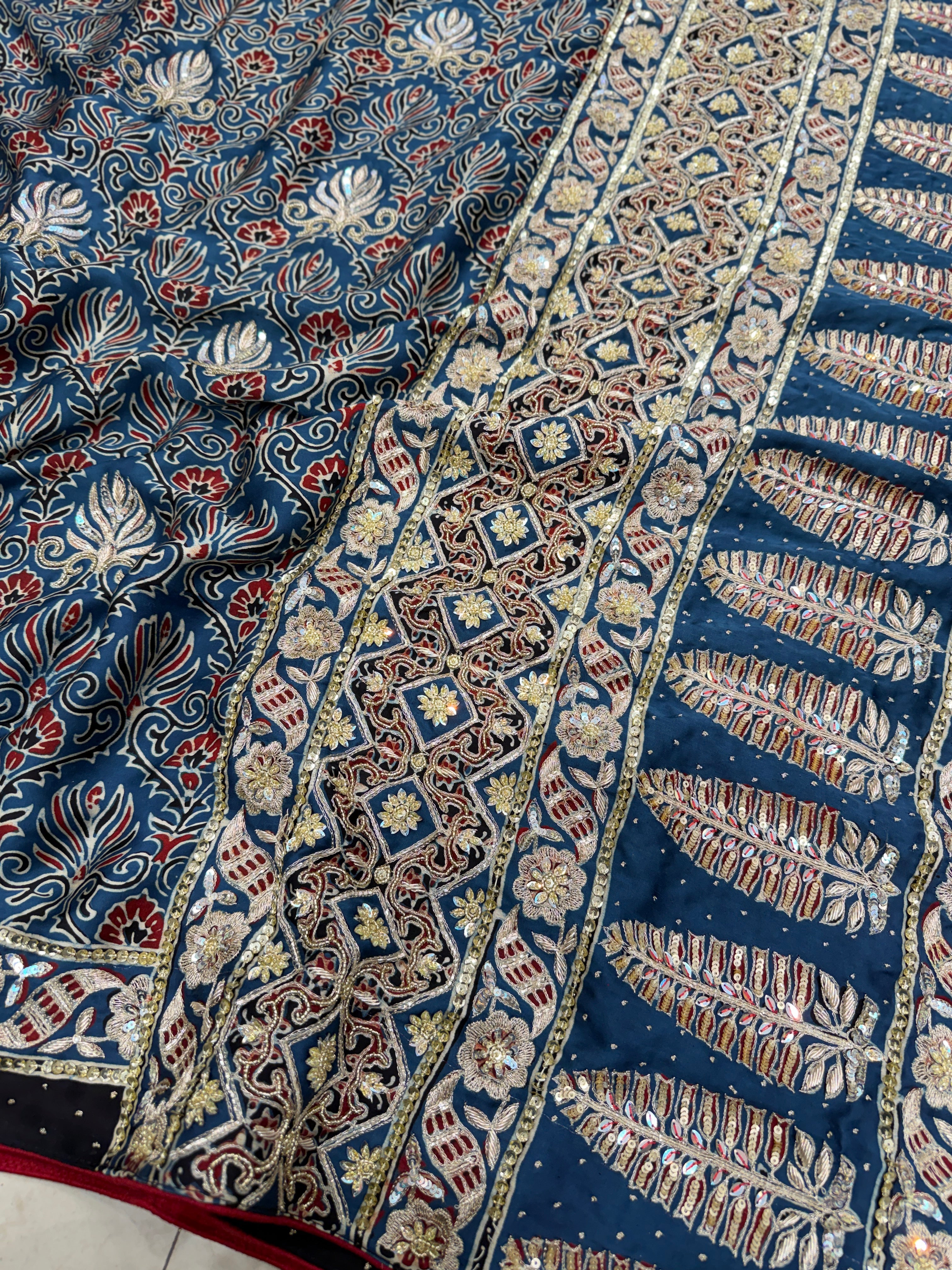 Blue Floral Butta Pita Sequin Ajrakh Hand Embroidery Saree