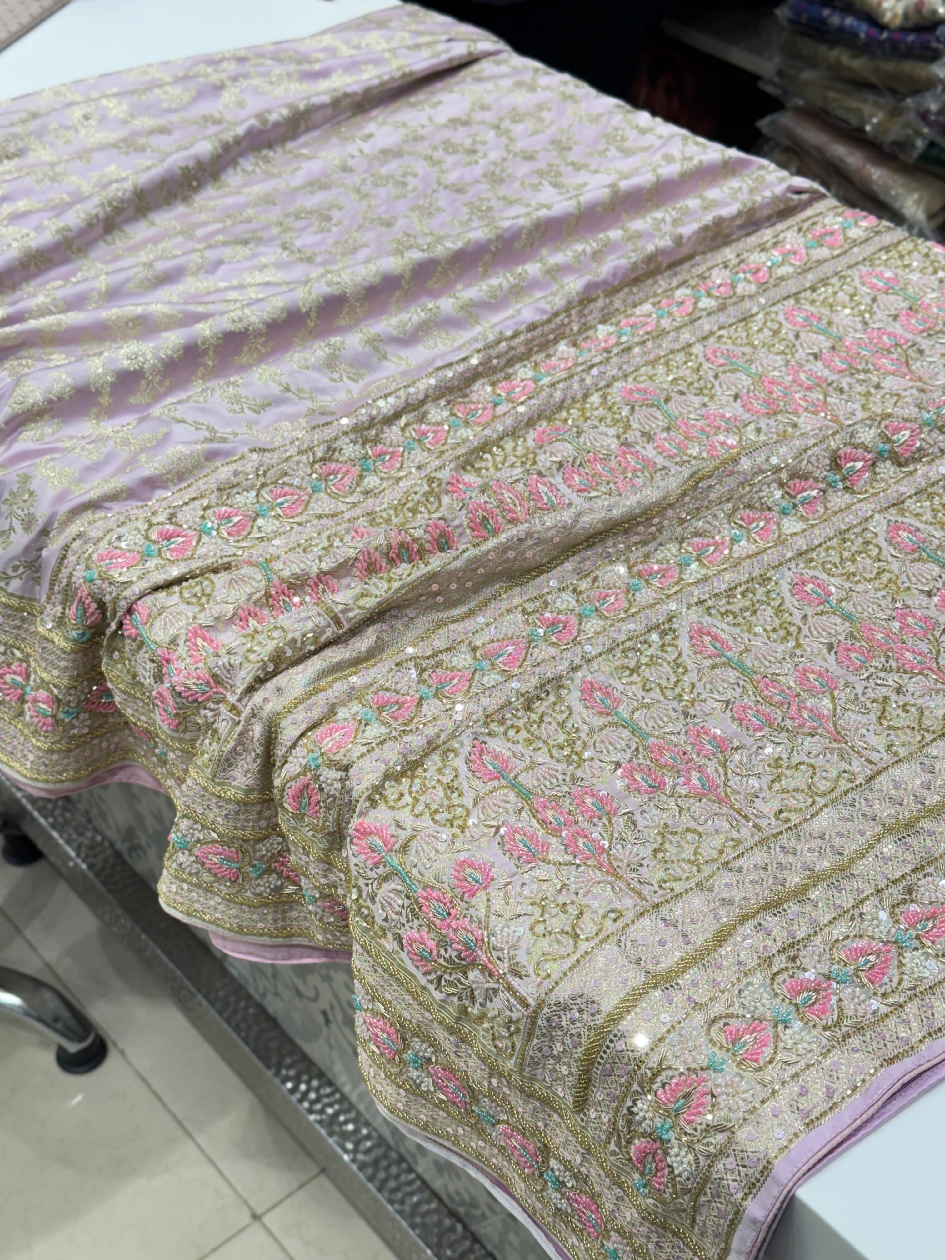 Lilac Banarasi Heart Border Fancy Hand Embroidery Saree