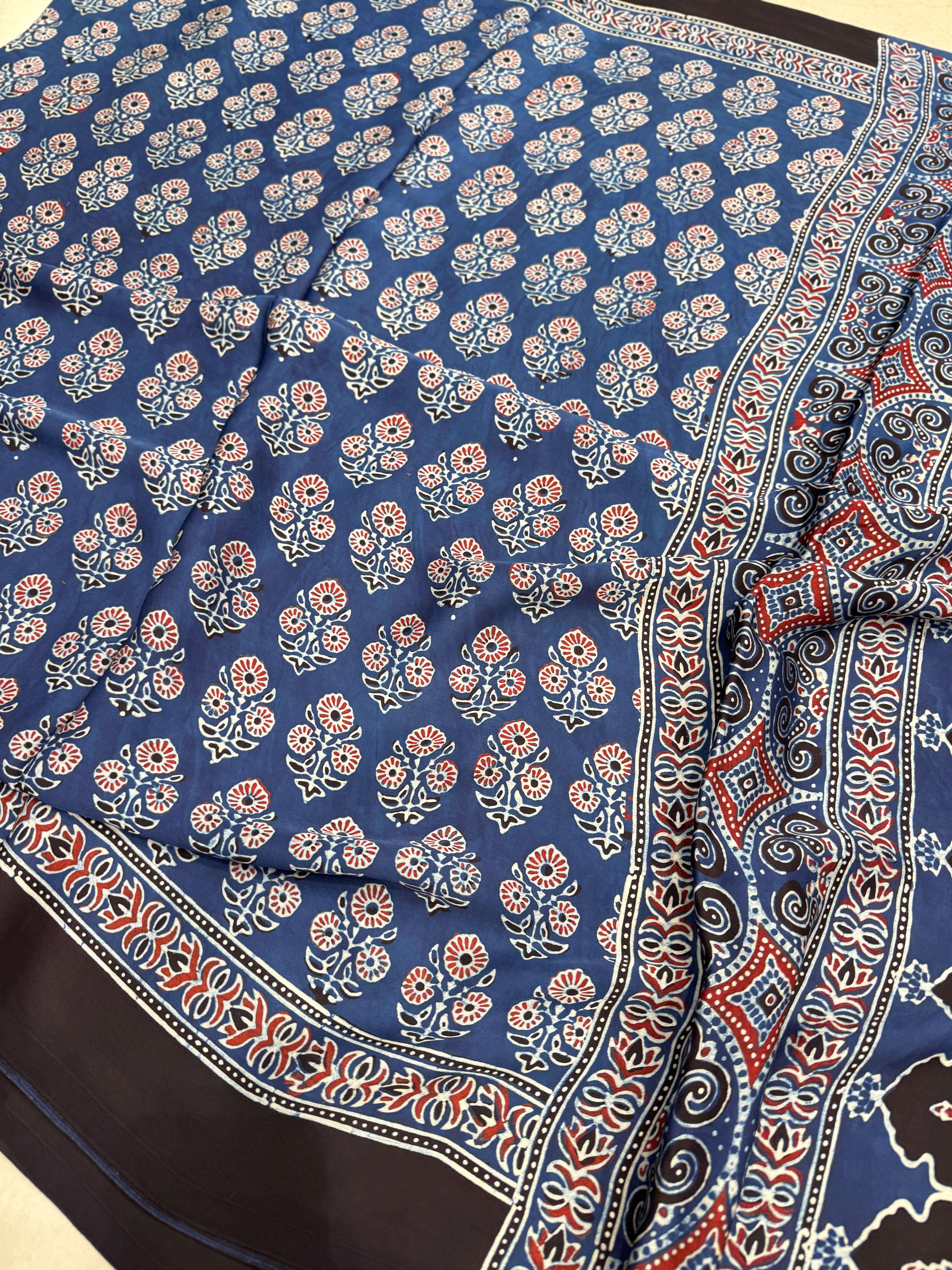Blue Floral Buttas Hand Block Print Ajrkah Pure Gajji Silk Saree
