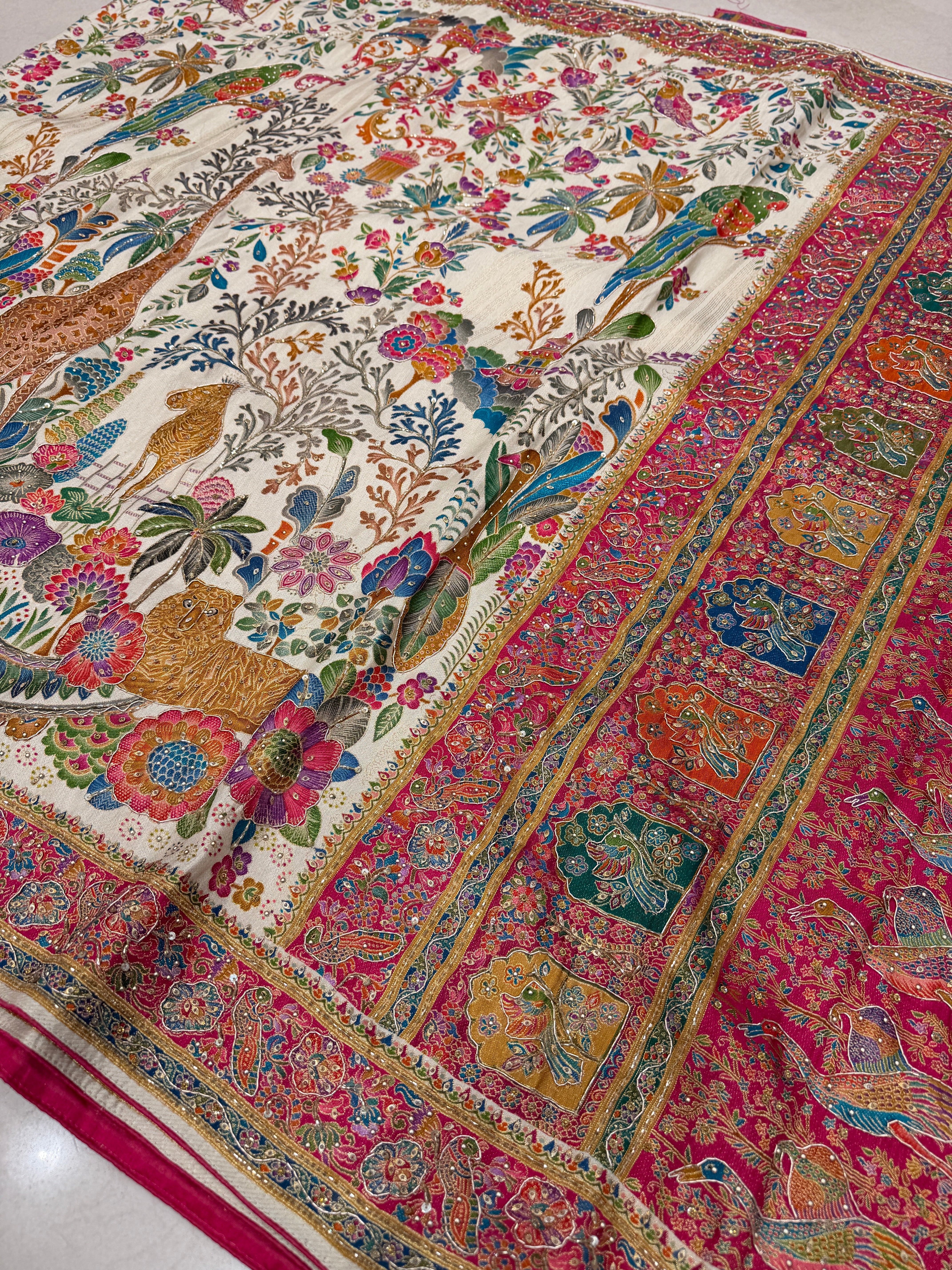 Beige Munga Forrest Essential Theme Pashmina Munga Hand Embroidery Saree