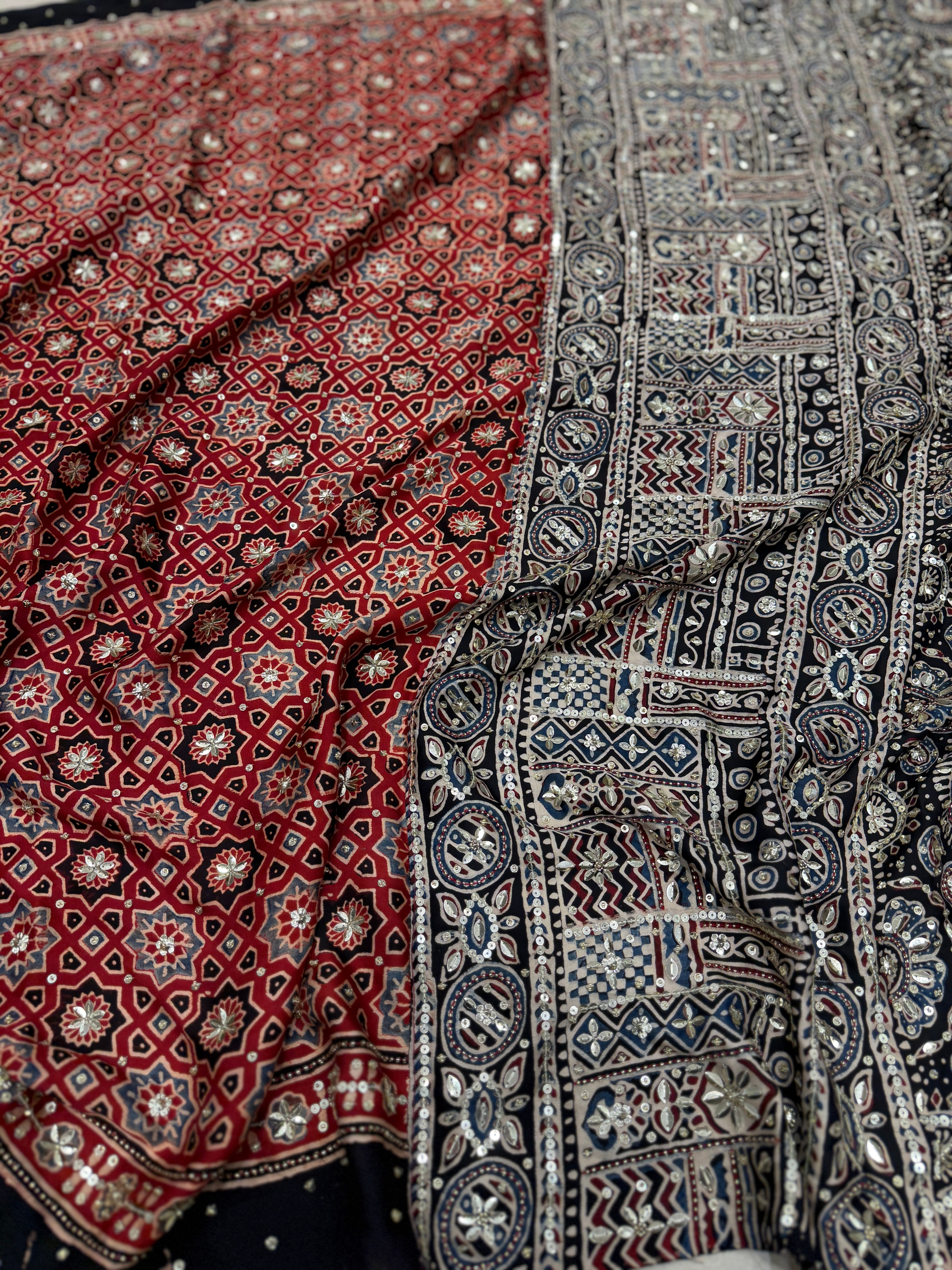 Red Black Jaal Ajrakh Sequin Moti Hand Embroidery Saree