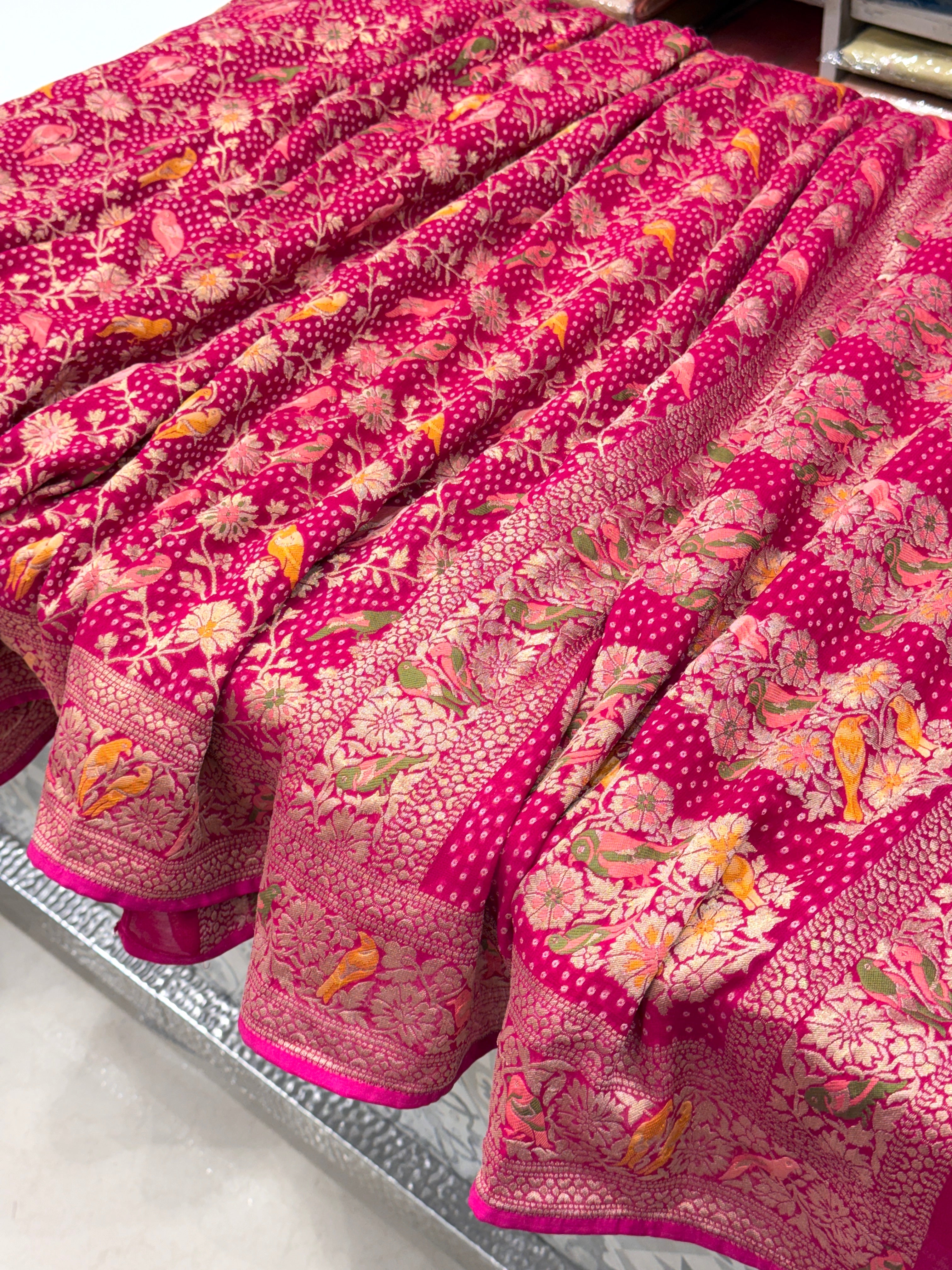 Rani Woven Bandhej Meenakari Parrot Motif Saree