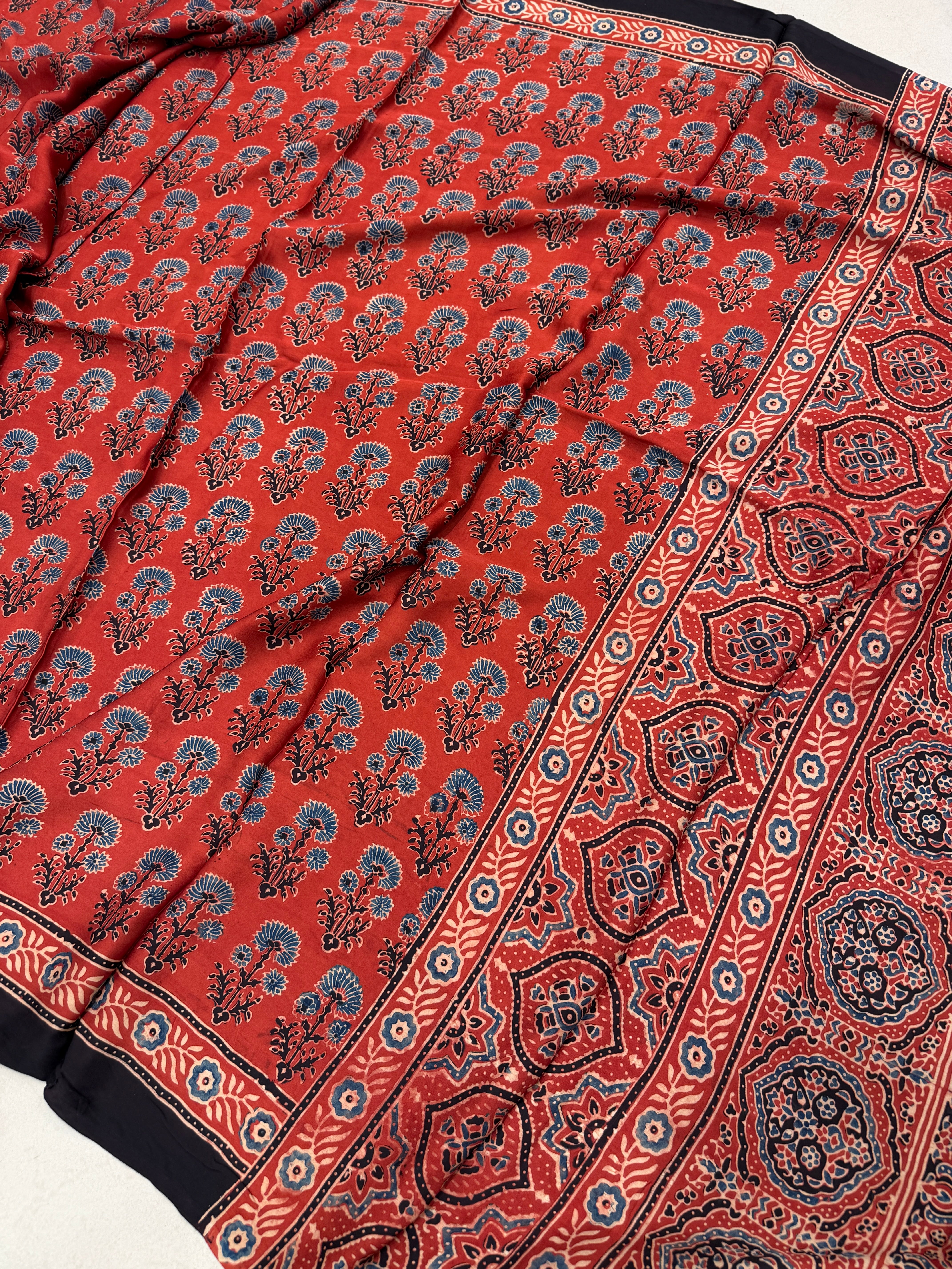 Red Butta Ajrakh Hand Block Print Pure Gajji Silk Dupatta
