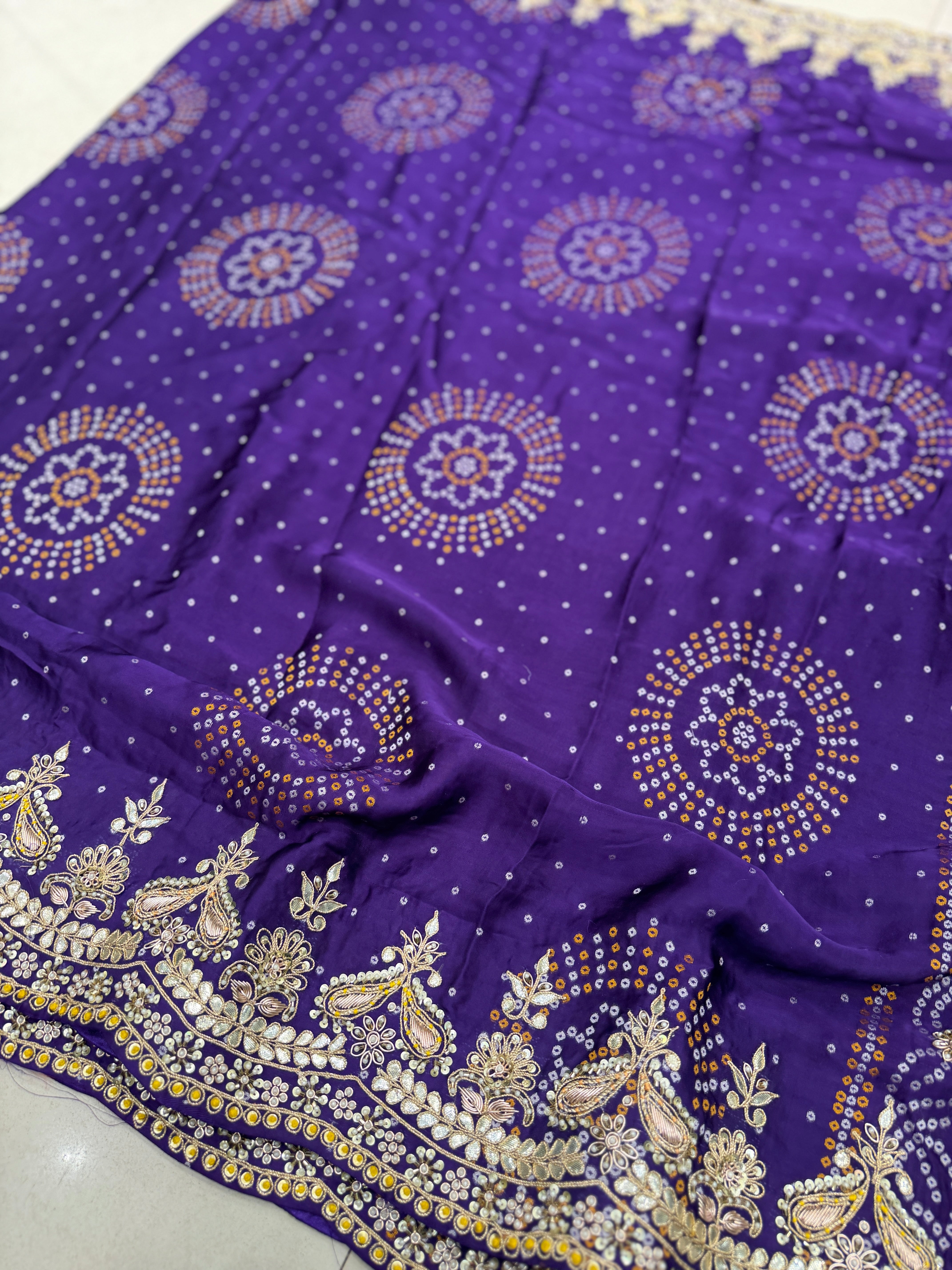 Violet Gajji Silk Woven Bandhej Zardosi Marodi Hand Embroidery Saree