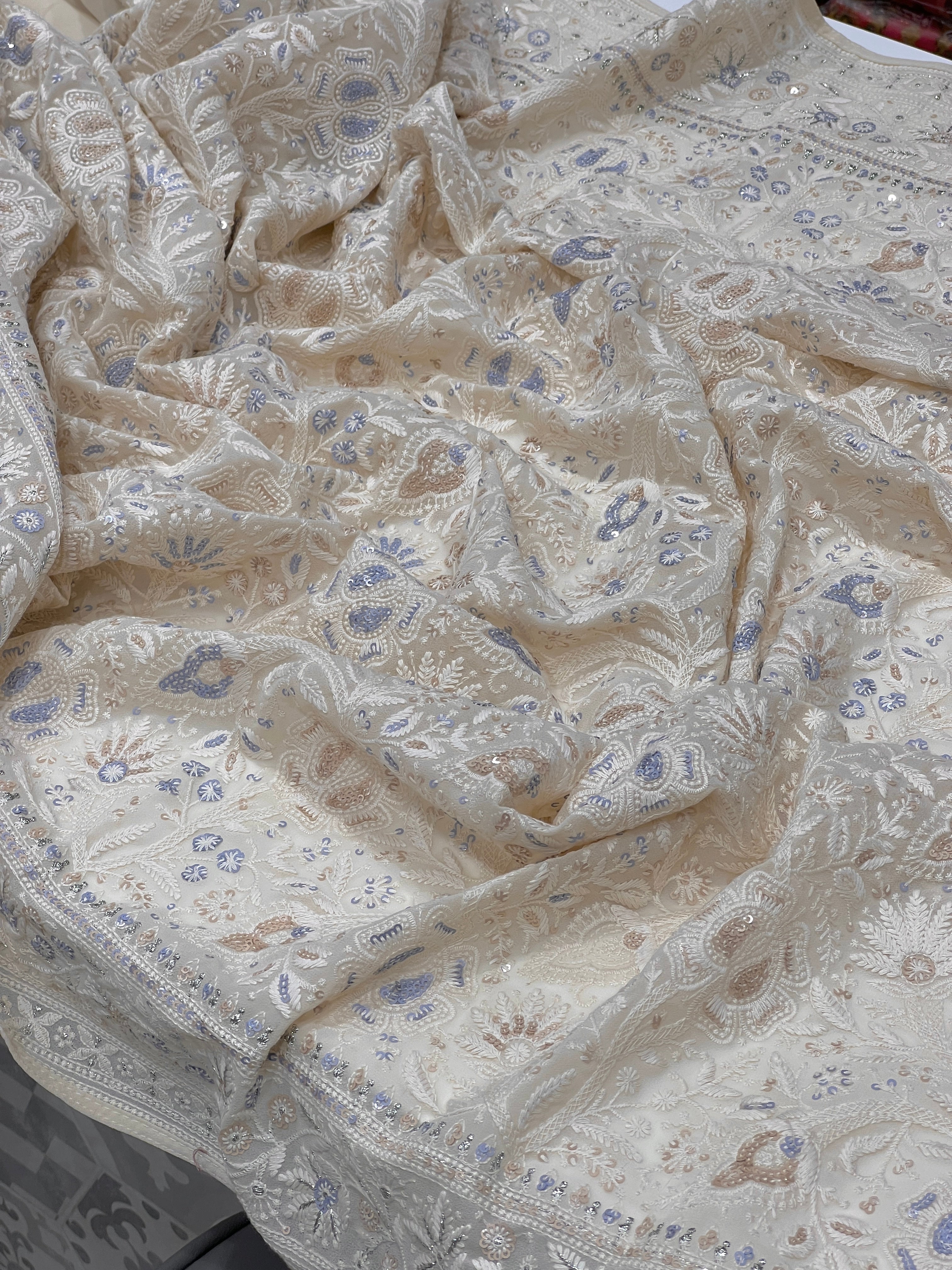 Off White Chikankari Georgette Saree 1.0