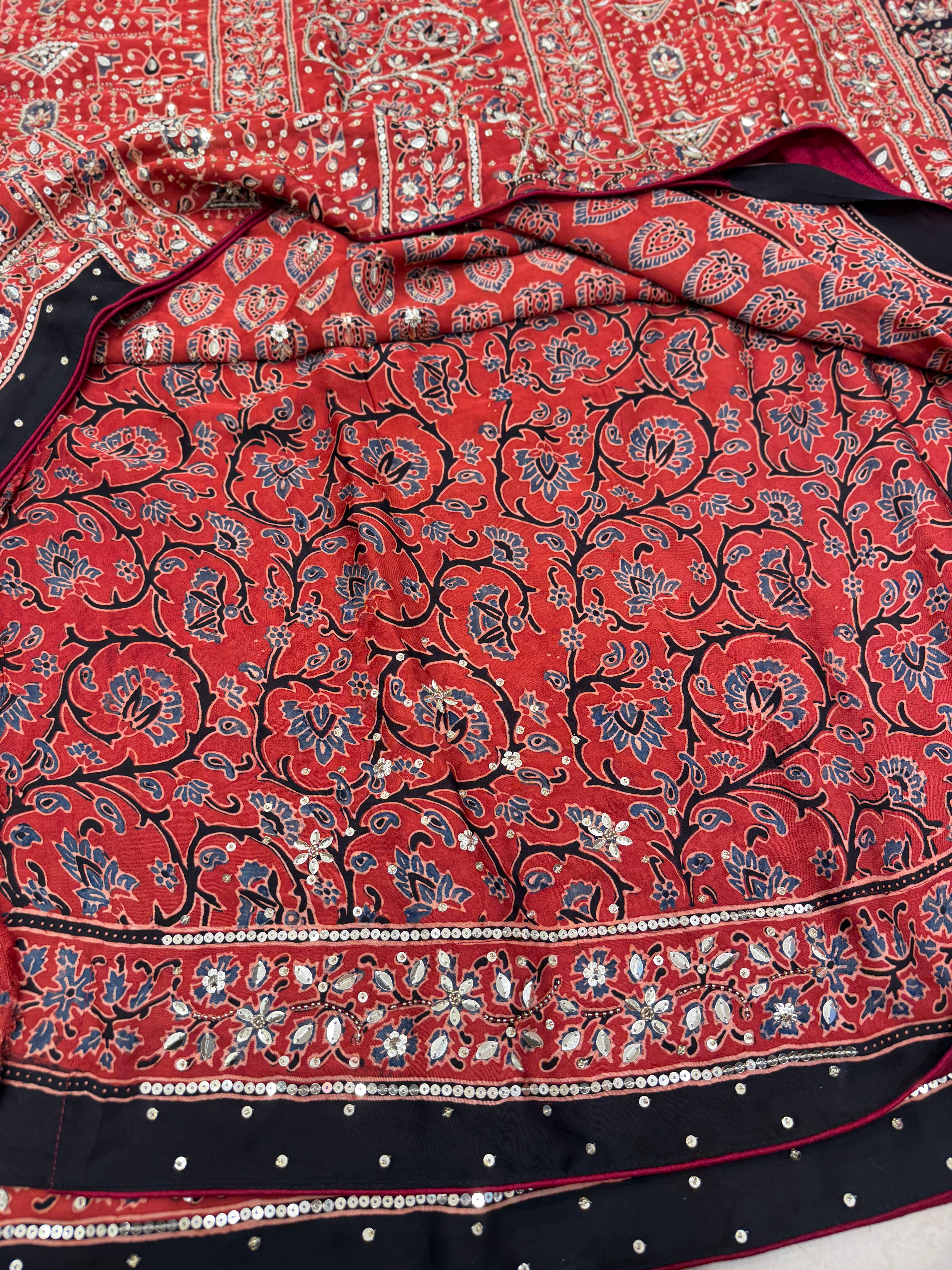 Red Butti Ajrakh Sequin Moti Hand Embroidery Saree