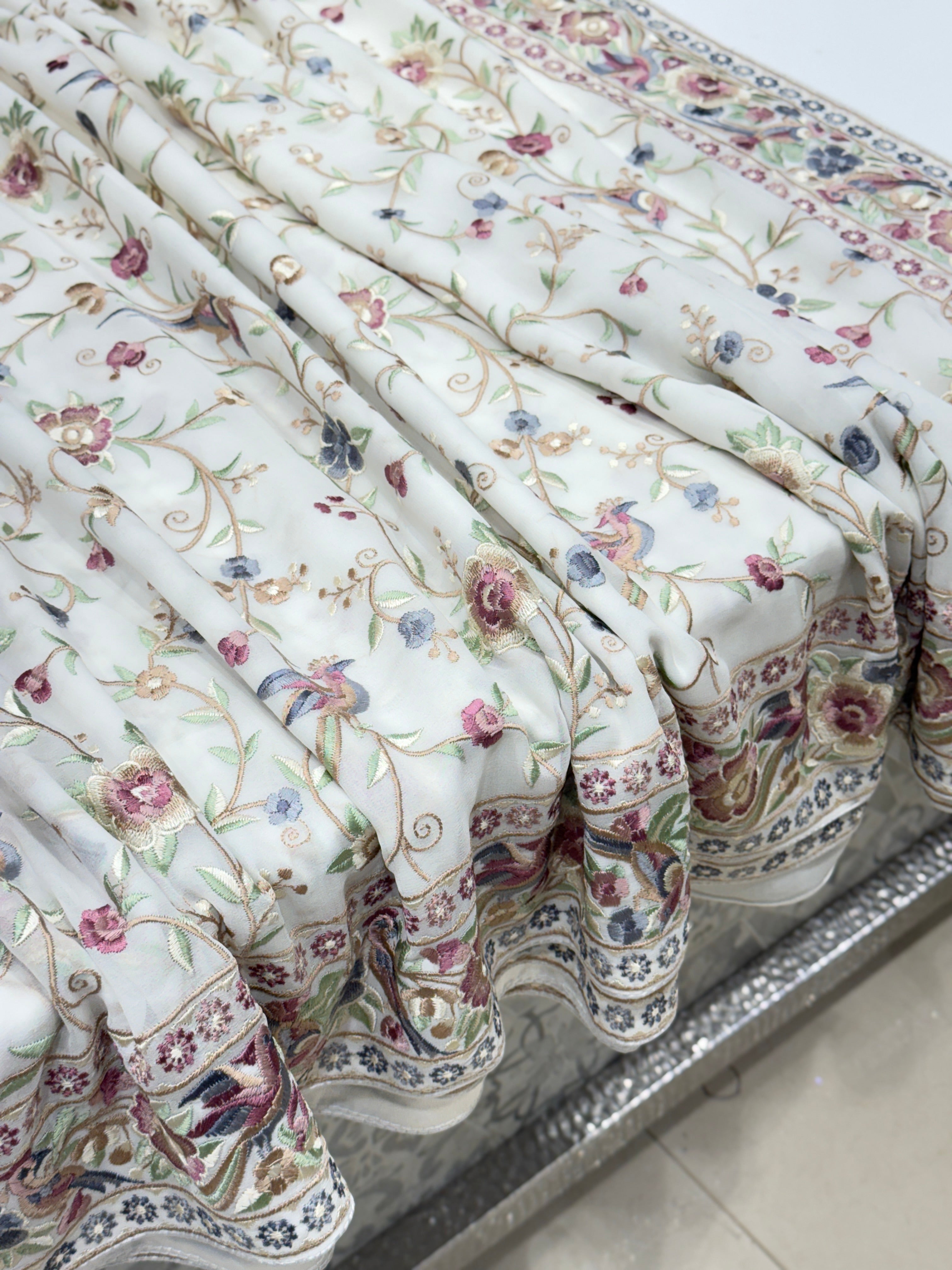 White Georgette Multi Colour Jaal Floral Parsi Gara Saree