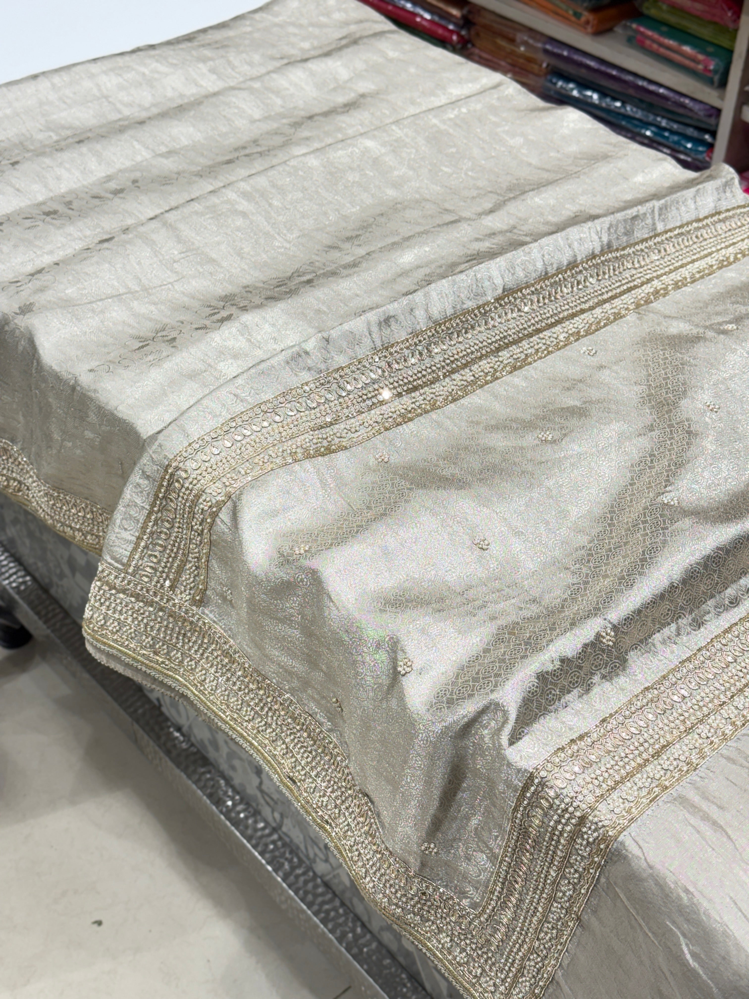 Silver Tissue Kanjivaram Moti Hand Embroidery Saree