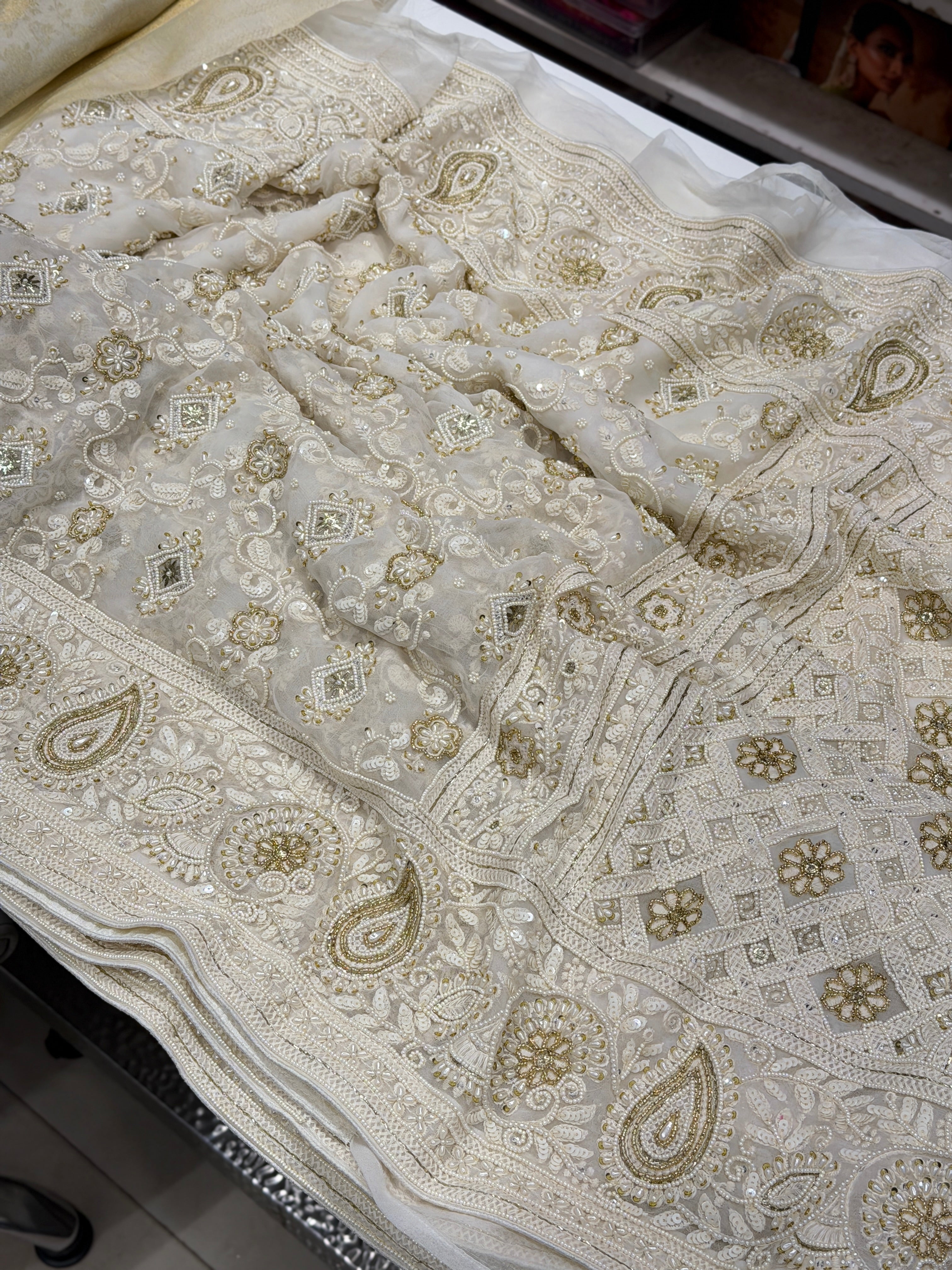 Moti White Georgette Chikankari Moti Sequin Hand Embroidery Saree
