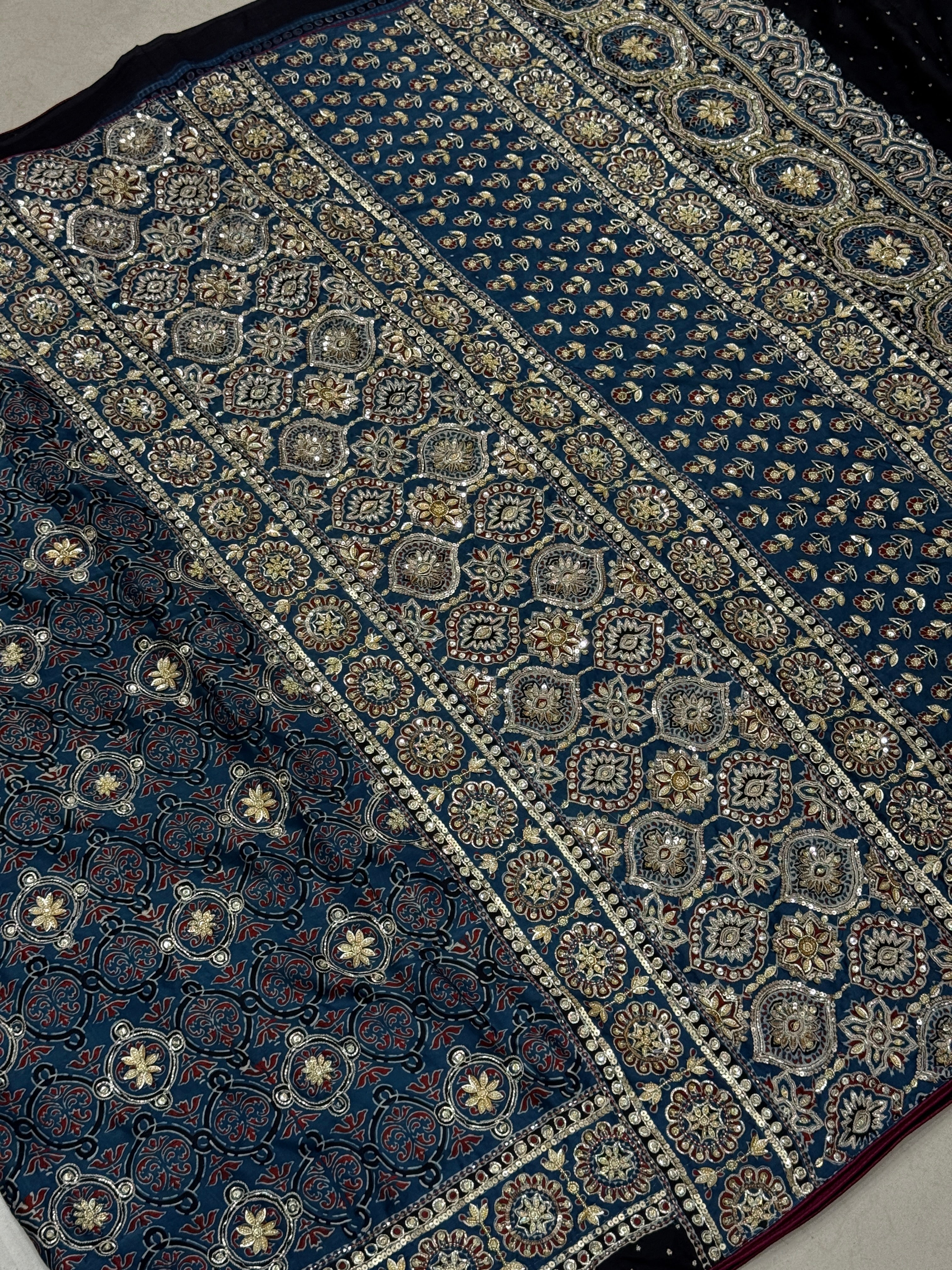 Blue Badam Jaal Pita Zardosi Sequin Ajrakh Hand Embroidery Saree