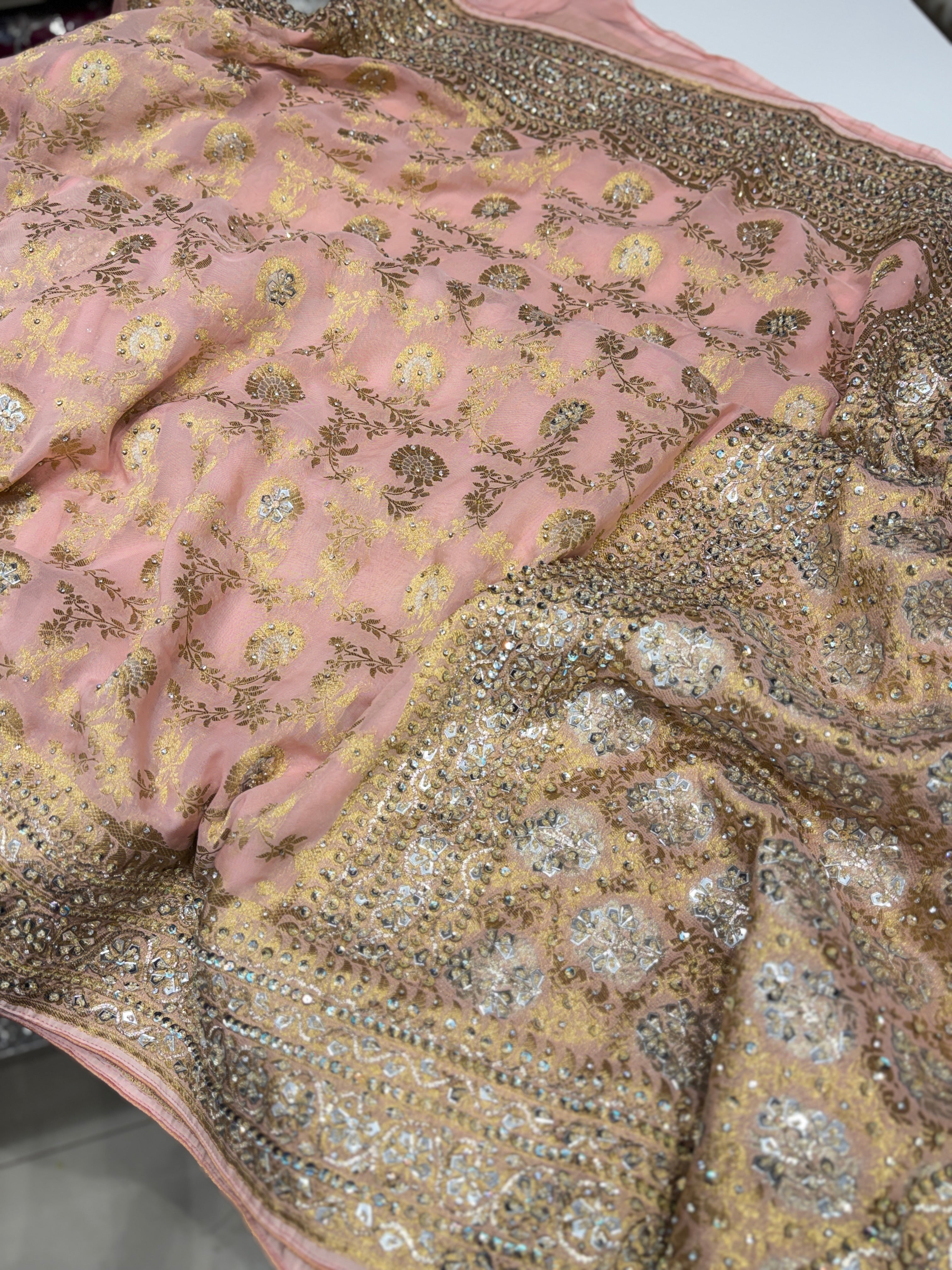 Pink Banarasi Khaddi Georgette Pita Zardosi Hand Embroidery Saree