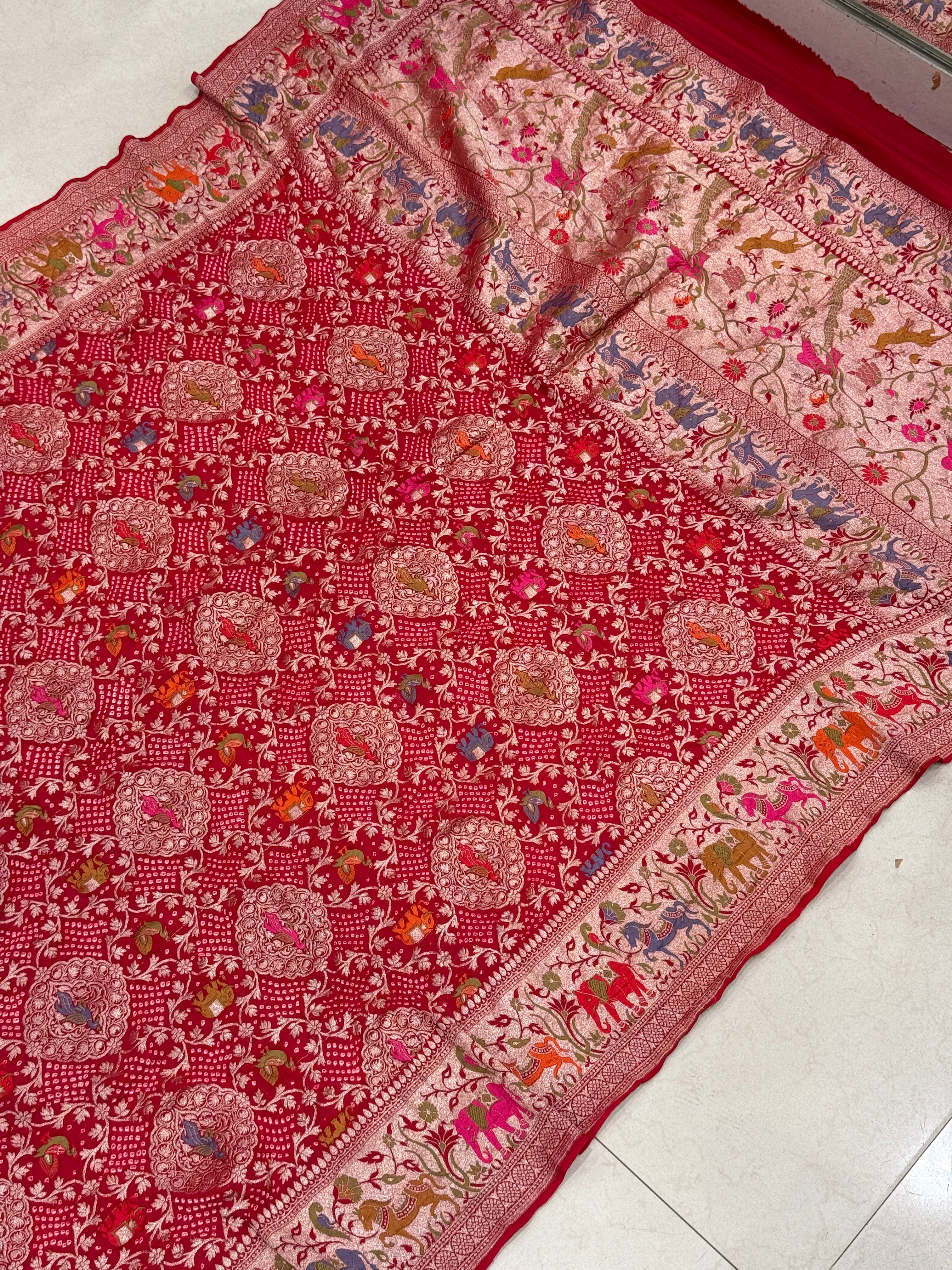 Red Shikargah Meenakari Rai Bandhej Georgette Dupatta