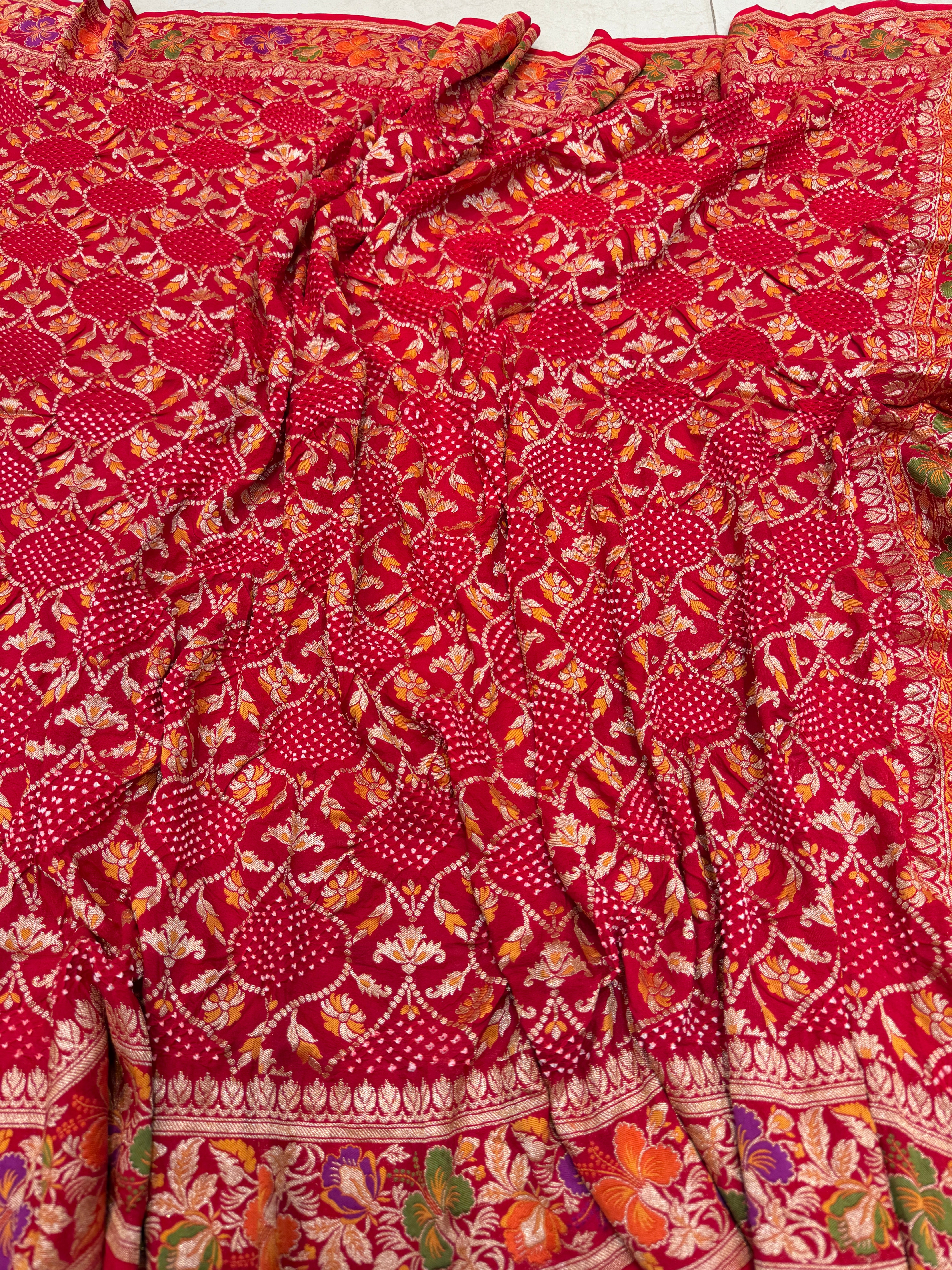 Red Handloom Meenakari Rai Bandhej Pure Zari Dupatta